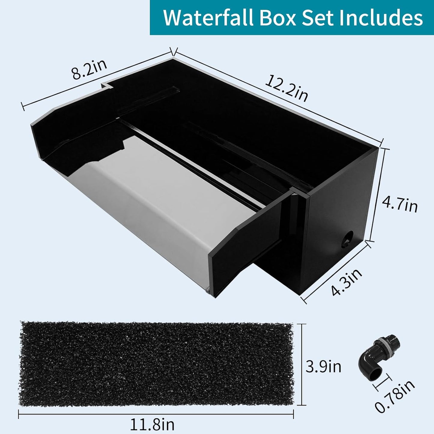 Pool Fountain,Acrylic Waterfall Spillway Pond Fountain,Includes Waterfall Box,Filter Media,Pipe Connector,12 Inches Black Pool Water Feature for Garden Patio,Backyard Koi Pond Decor