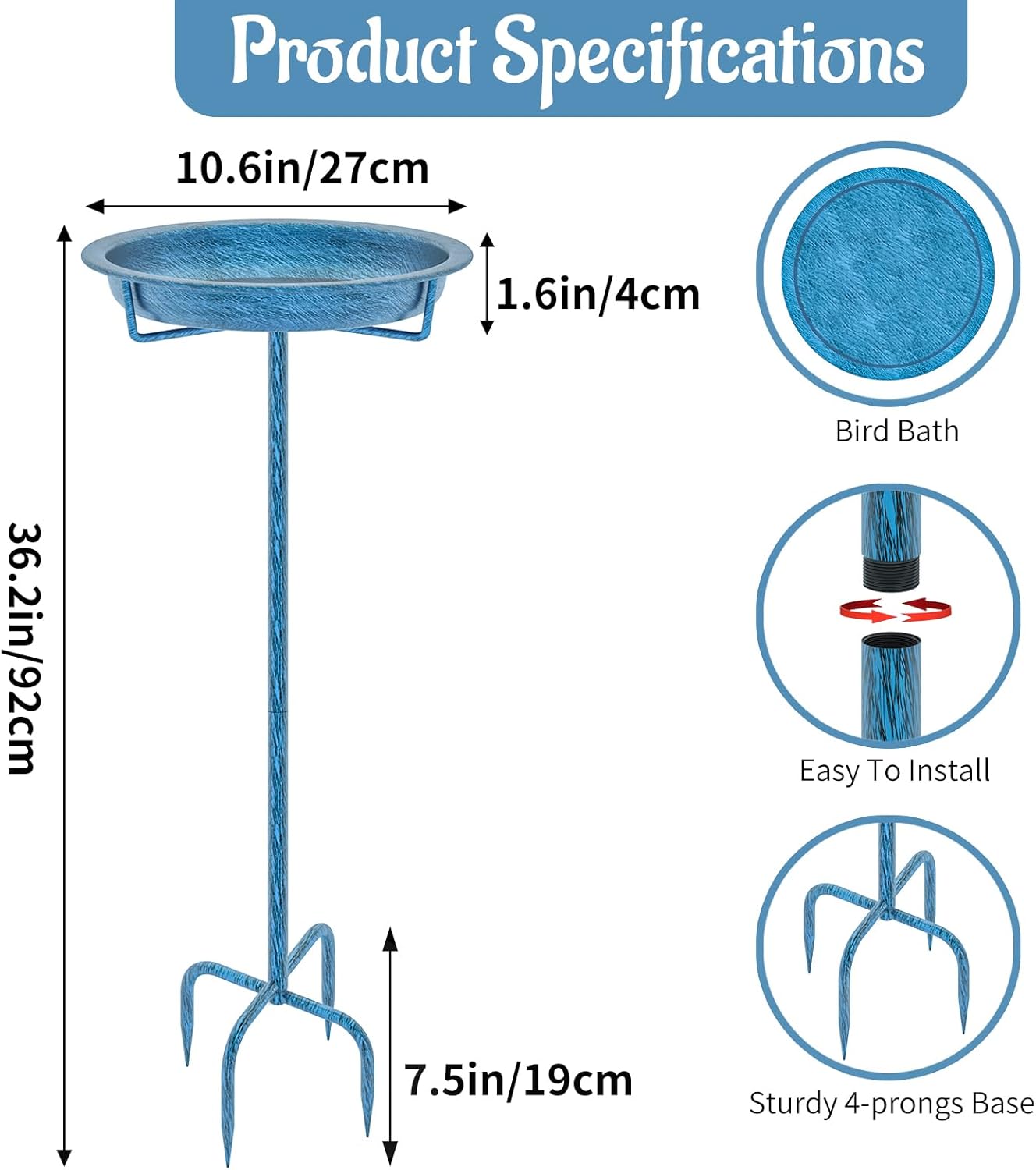 Metal Bird Bath for Outside, 36.2" Height Birdbath Bowl Standing Bird Feeders for Outdoors with 4 Prongs Base Stake, Freestanding Birdfeeders for Garden Yard Lawn Decor (Retro Blue)