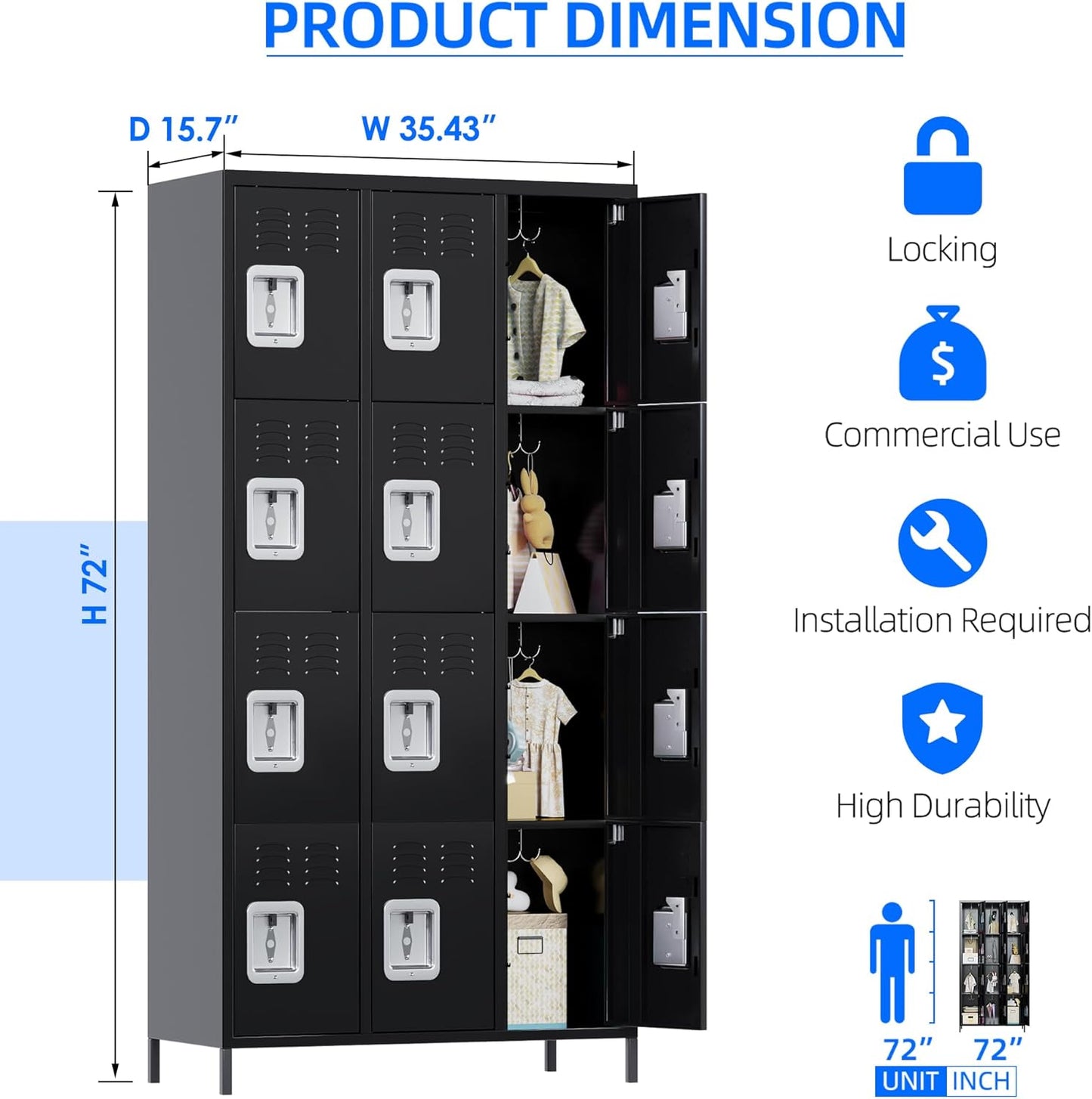 METAN Metal Locker for School Office Gym Bedroom, 12 Doors Black Steel Storage Locker Cabinet for Employees, Industrial Storage Locker, Assembly Required (12 Door-Black)