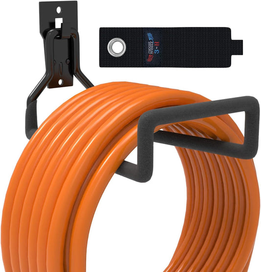 3-H Solid Steel Garden Hose Holder - Wall Mounted Hanger with Extension Strap for Outdoor Water Hoses & More