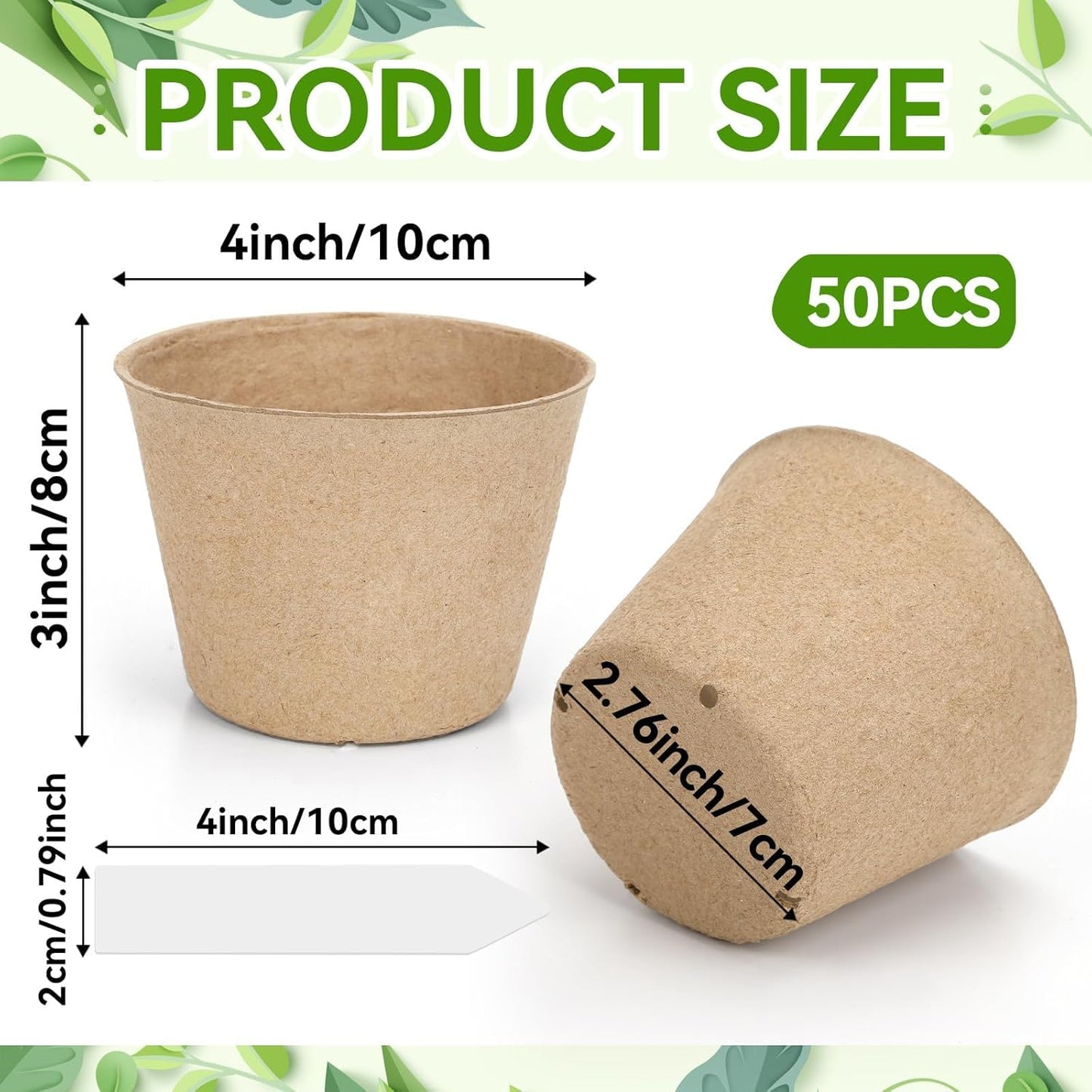Augshy 4 Inch Peat Pots, 50 Pack Seed Starter Nursery Pots Round Plant Seedling with Drainage Holes for Garden Nursery Kits Seedlings Seed Starting Tray with 50 Plant Labels