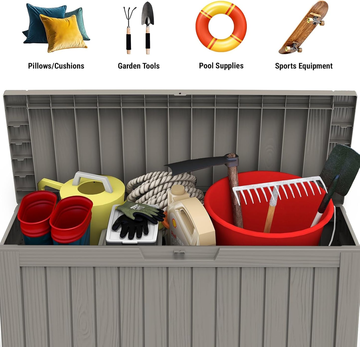 Mars Villa 72 Gallon Deck Box, Outdoor Storage Box Waterproof, Outside Resin Storage Bin for Patio Furniture Cushions, Pool Supplies, Garden Tools, UV-Resistant and Weatherproof, with 4 Wheels, Greige