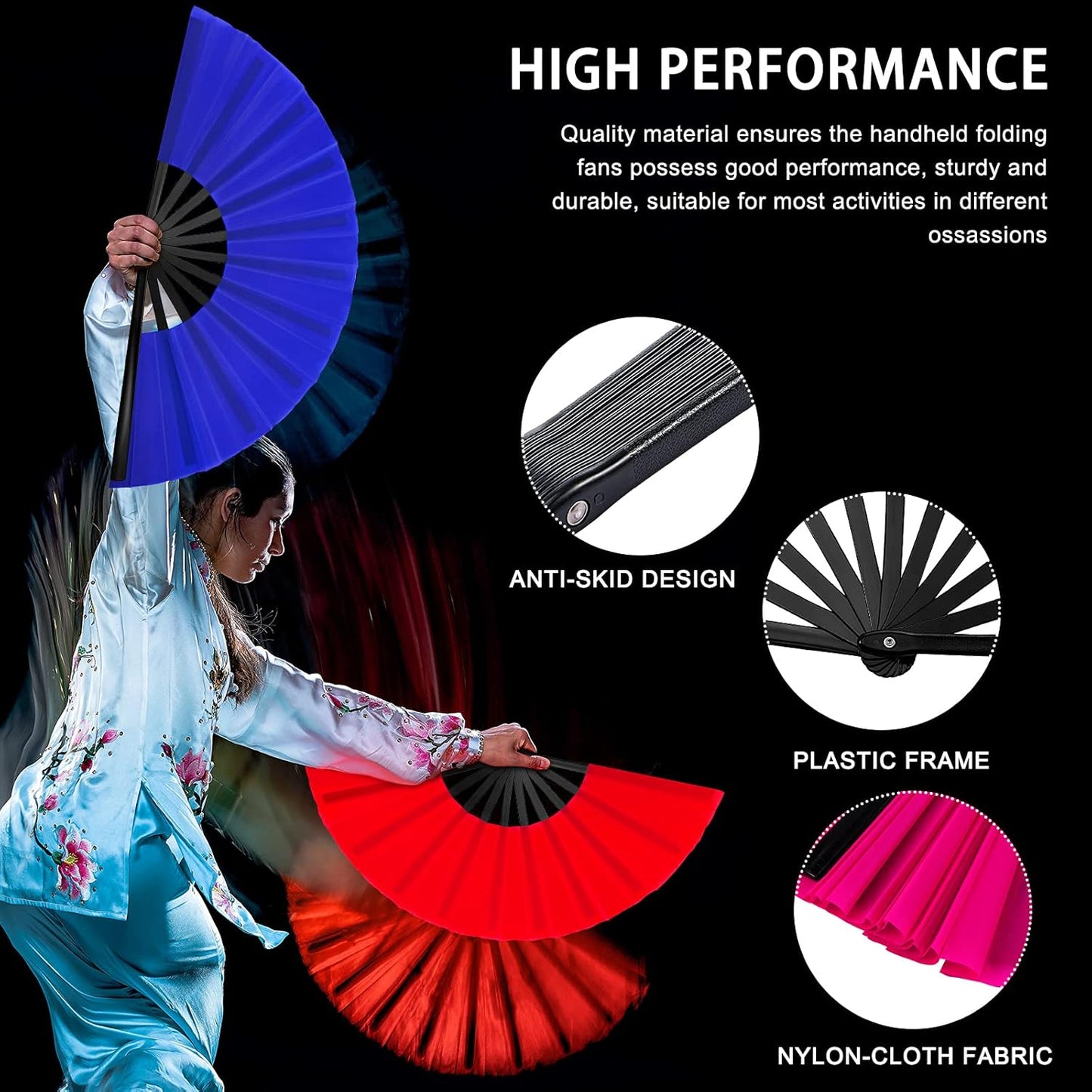 Blulu 4 Pcs 13 Inch Large Folding Hand Fans Bulk Clapping Popping Rave Fans for Kids Women Men for Dancing Boots on The Ground Festival Party Decoration(Classic Style, Blue, Rose Red, Green, Red)