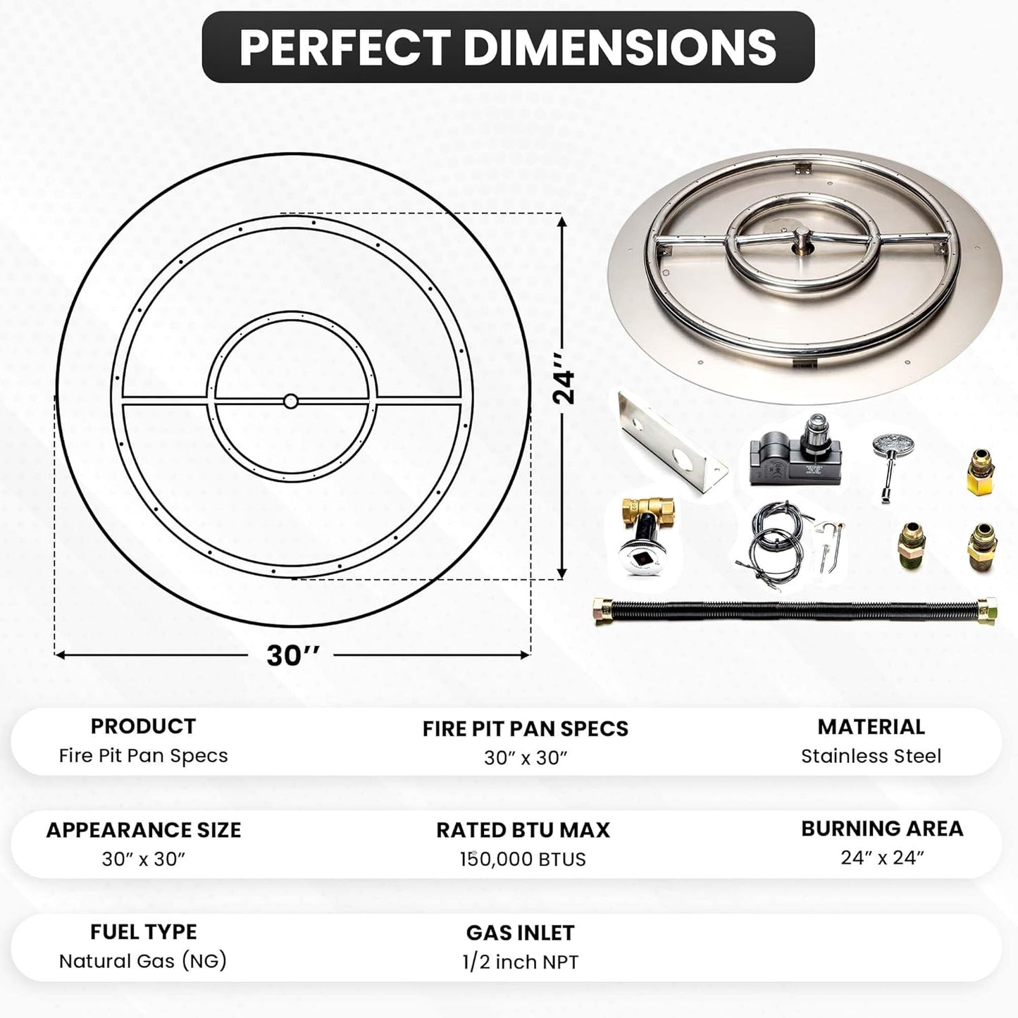 Stainless Steel Fire Pit Burner Pan & Ring Standard Kit with Spark Ignition for Natural Gas, 30-Inch Pan, 24-Inch Ring, 150,000 BTU Max