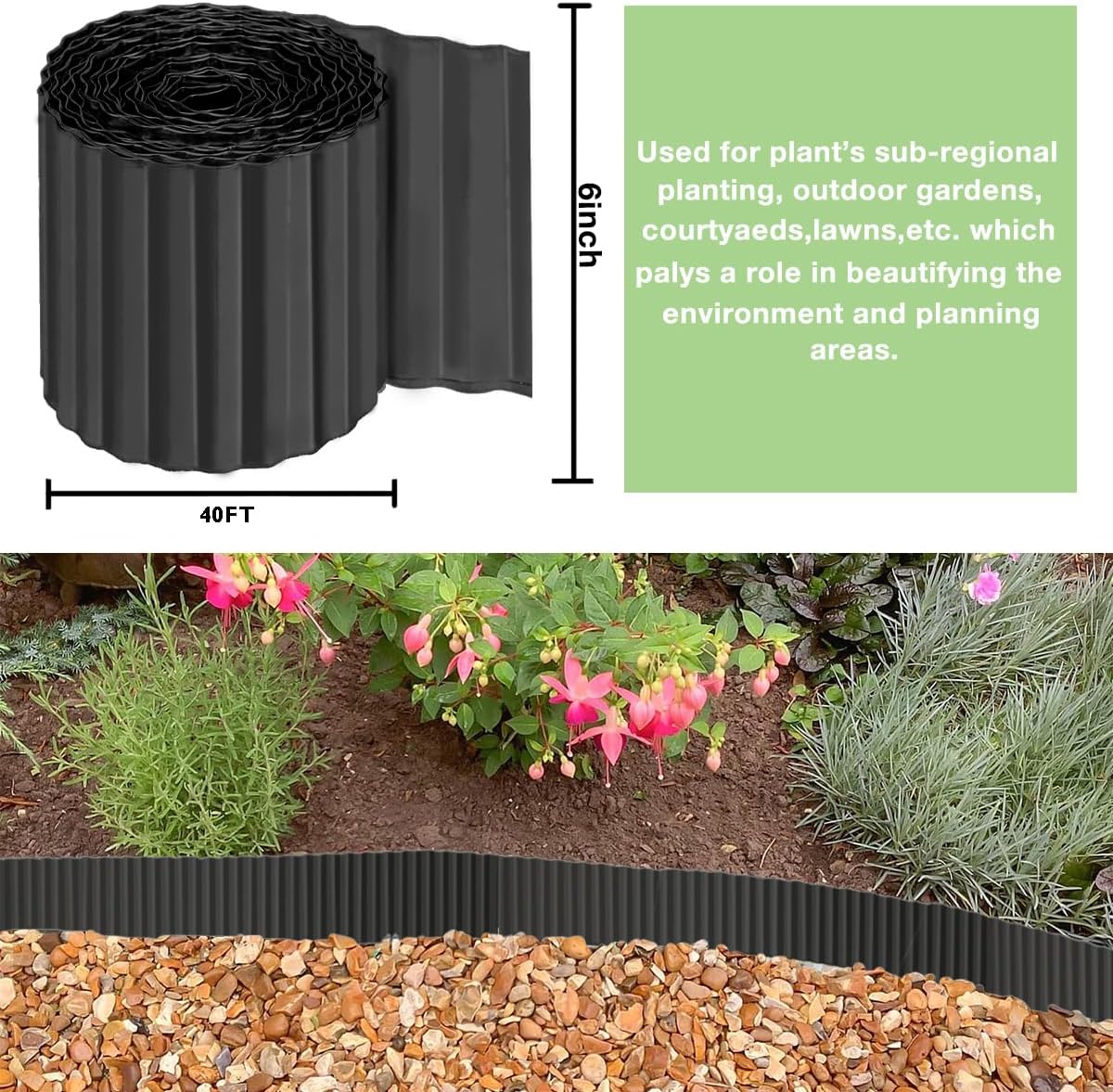 Landscape Edging Border 6inch x 40ft- Corrugated Metal Garden Edging - Lawn Edging Borders - Galvanized Edging Long Strips Yard Border for DIY Flower Beds, Plants, Walkways-Black