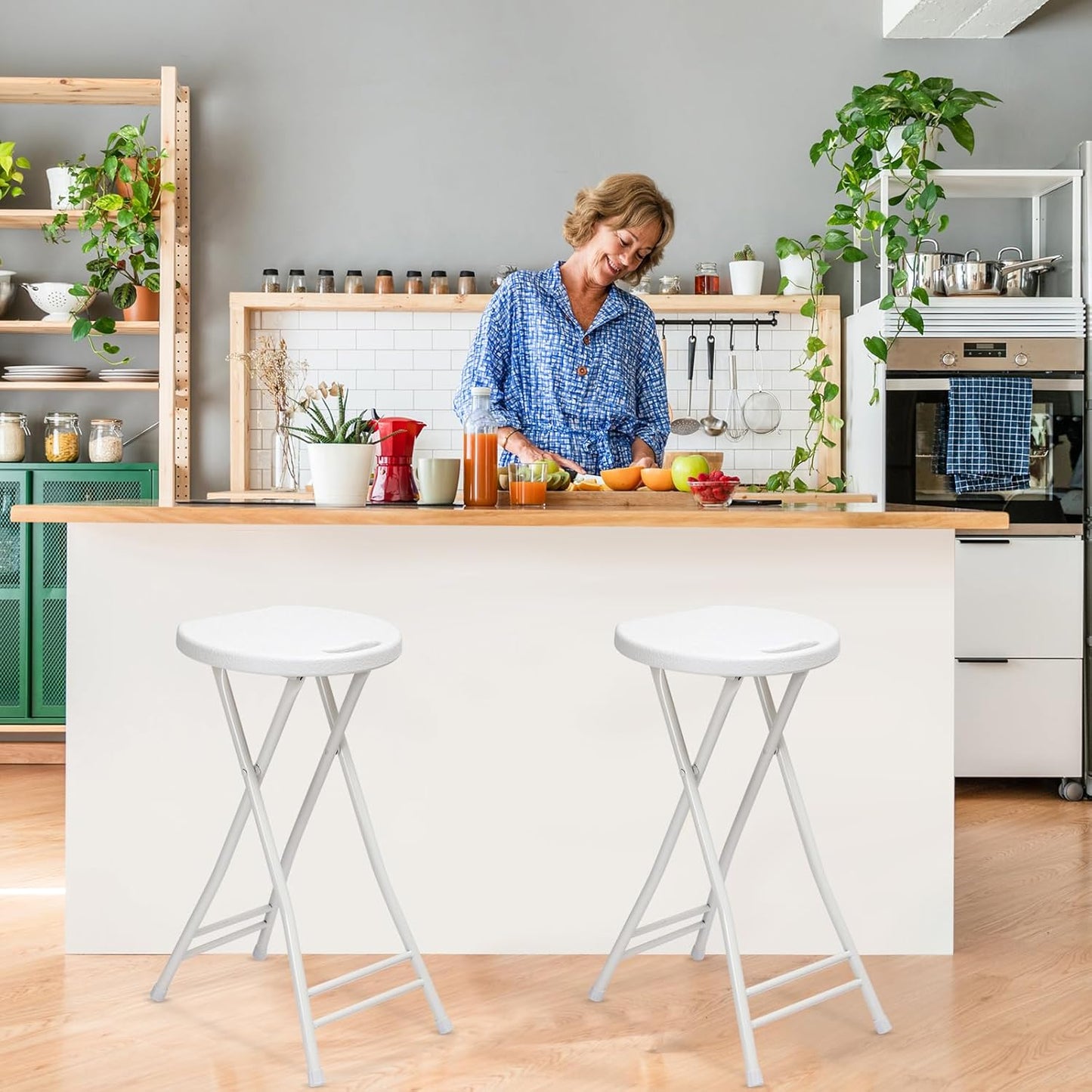 Suzile 2 Pcs 24 Inch Tall Folding Chair Portable Plastic Stool Chair Heavy Duty Foldable Bar Stools with Handle for Adults Kitchen Counter Room Home Camping Indoor Outdoor, 300lbs Capacity (White)