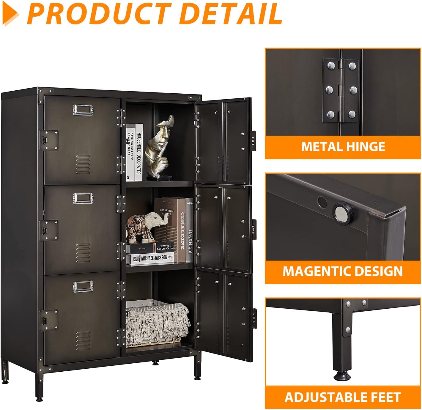 Metal Locker Storage Cabinet, 47.3" Employees Locker with 6 Doors, Steel Retro Wardrobe with Adjustable Feet for Home, Office, Gym, School