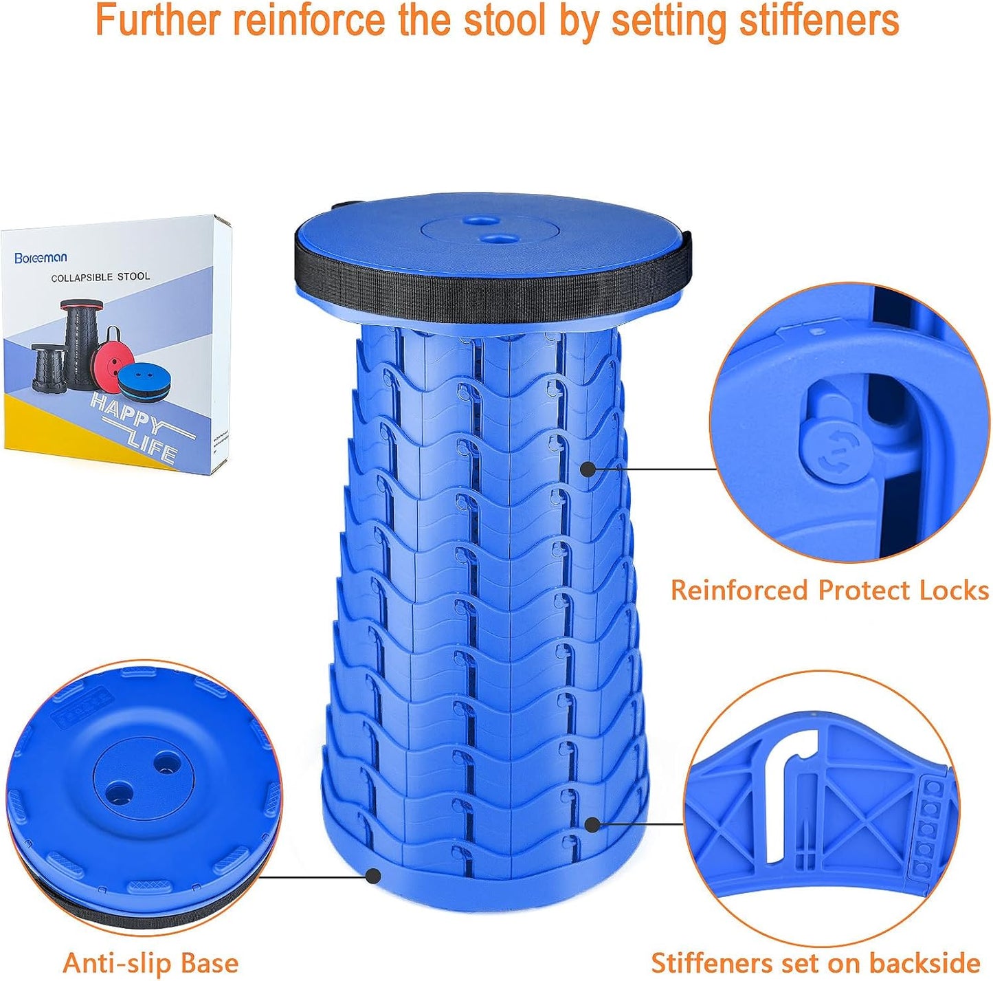 Boreeman Upgraded Folding Stool Lightweight Yet More Sturdy with Load Capacity 400lbs Portable Collapsible Stool for Camping Fishing Hiking BBQ (All Blue)