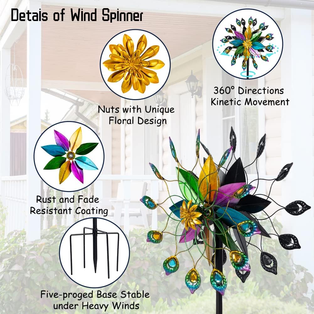 DREAMYSOUL Outdoor Kinetic Wind Spinner 360 Degree Rotate, Double-Sided Large Metal Wind Spinners for Yard and Garden, 16" Dia * 66" H Tall Wind Sculpture & Spinners