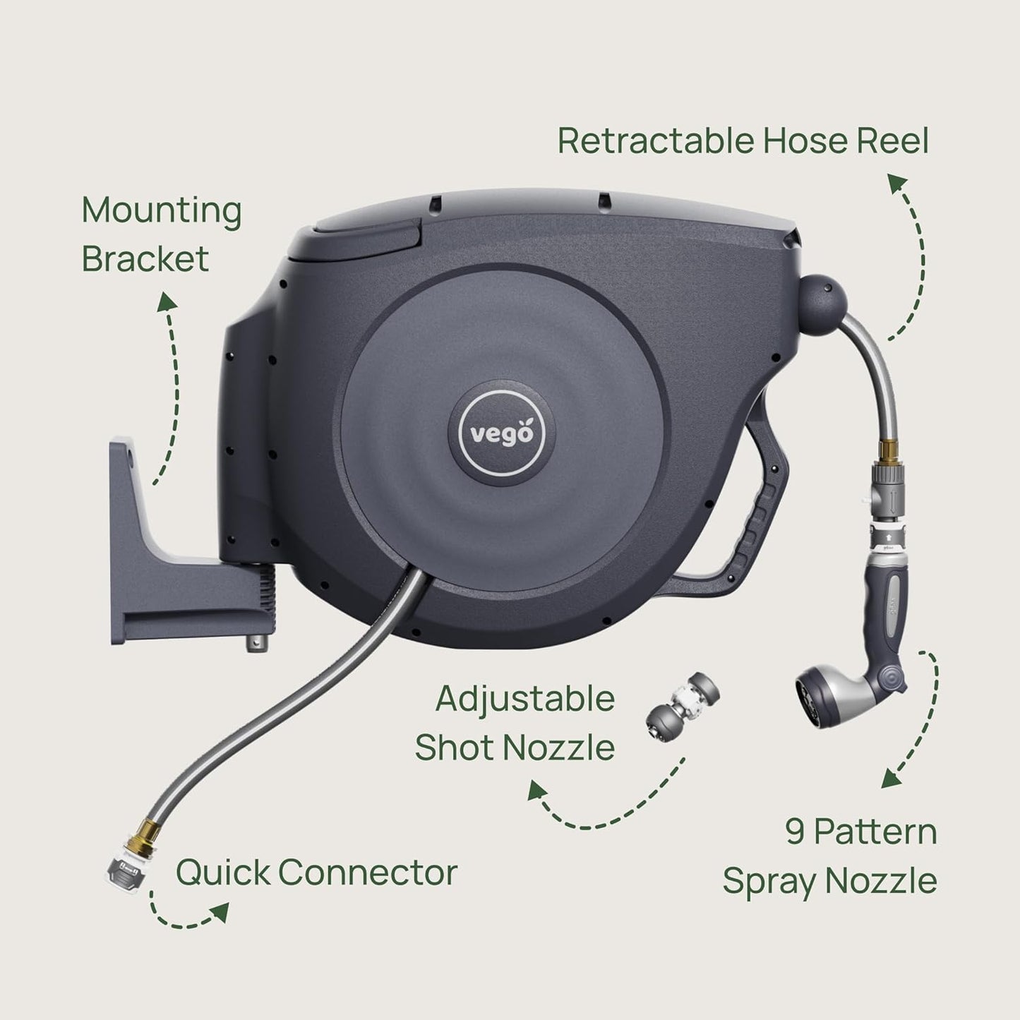 Vego Garden Hose Reel Retractable Hi-Flow x 100ft Wall Mounted Hose Reel Automatic Rewind, Any Length Lock with 9 Patterns Sprayer Nozzle, Quick Connector and Adjustable shot Nozzle-Tidepool Blue