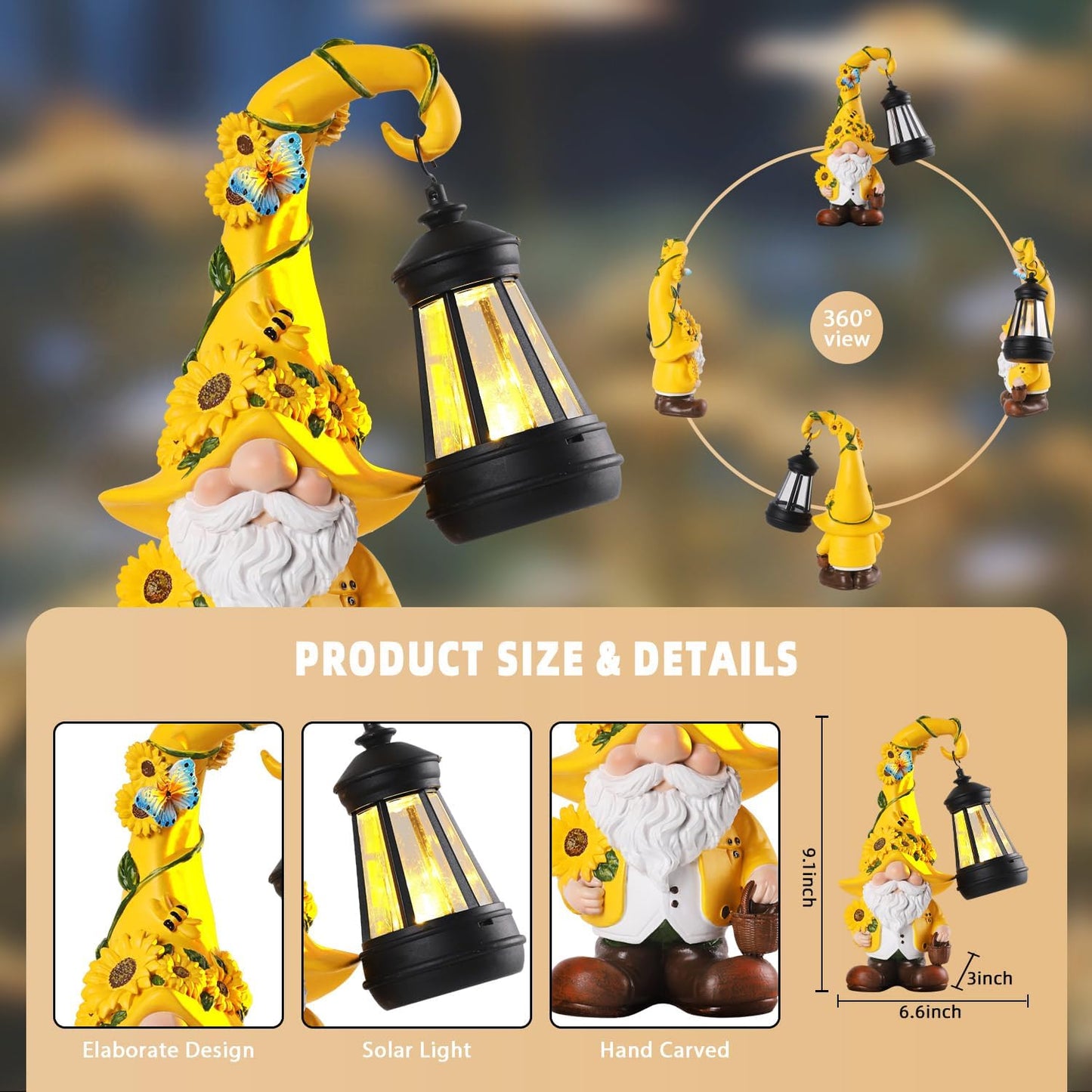 Solar Garden Decor - Sunflower Gnome Statue with Lantern 9.1" Garden Gnomes Outdoor Funny Solar Statues Yard Porch Lawn Patio Decor Gardening Gift for Women Mom Grandma Wife Girlfriend