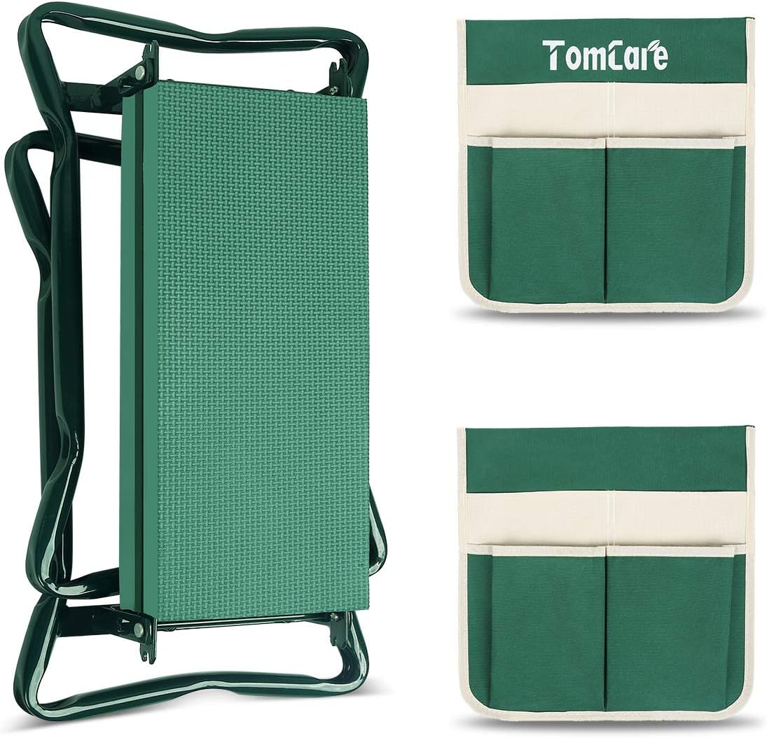 TomCare Upgraded Garden Kneeler Seat Widen Soft Kneeling Pad Garden Stools Garden Bench with 2 Large Tool Pouches Outdoor Foldable Gardening Gifts for Women Men Gardeners, Green