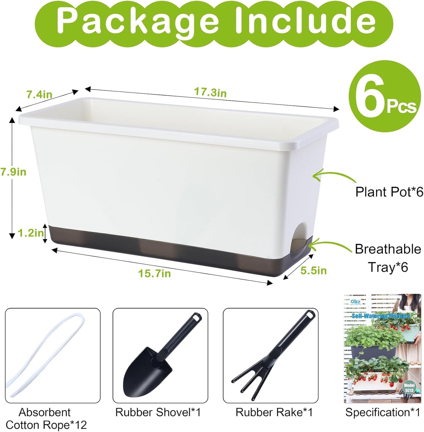 Window Box Planter 6 Pcs, 17 Inches Rectangle Flower Pots with Drainage Holes and Trays, Vegetable Planters for Windowsill Patio Garden Balcony Home Porch Yard Indoor Outdoor (White, 17*7.4*7.8 inch)