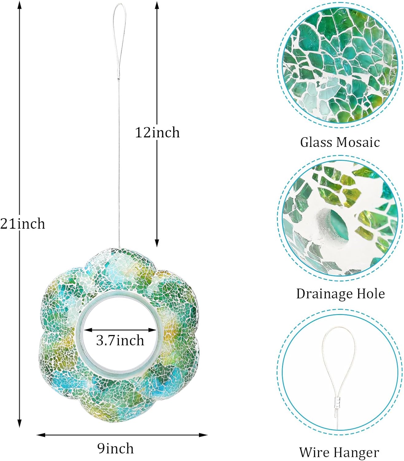 Yinns 9 Inch Large Mosaic Bird Feeders for Outside Hanging Fly Through Bird Feeder with Flower Shape Glass Birdfeeder for Garden Decor