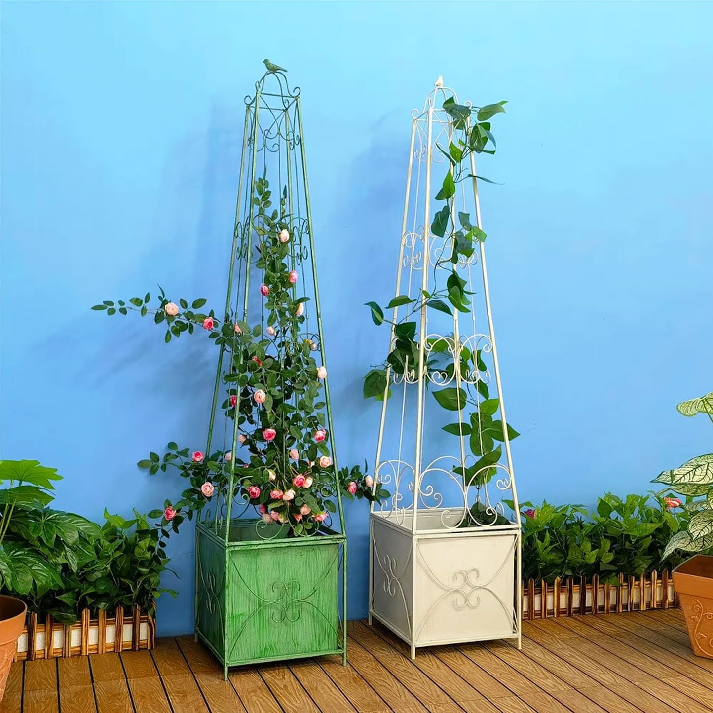 Sungmor 59 Inch Tall Distressed White Garden Obelisk Trellis with Planter Box - Metal Climbing Support for Roses/Clematis/Vines/Ivy, Decorative Outdoor/Indoor Potted Plant Stand Growing Box