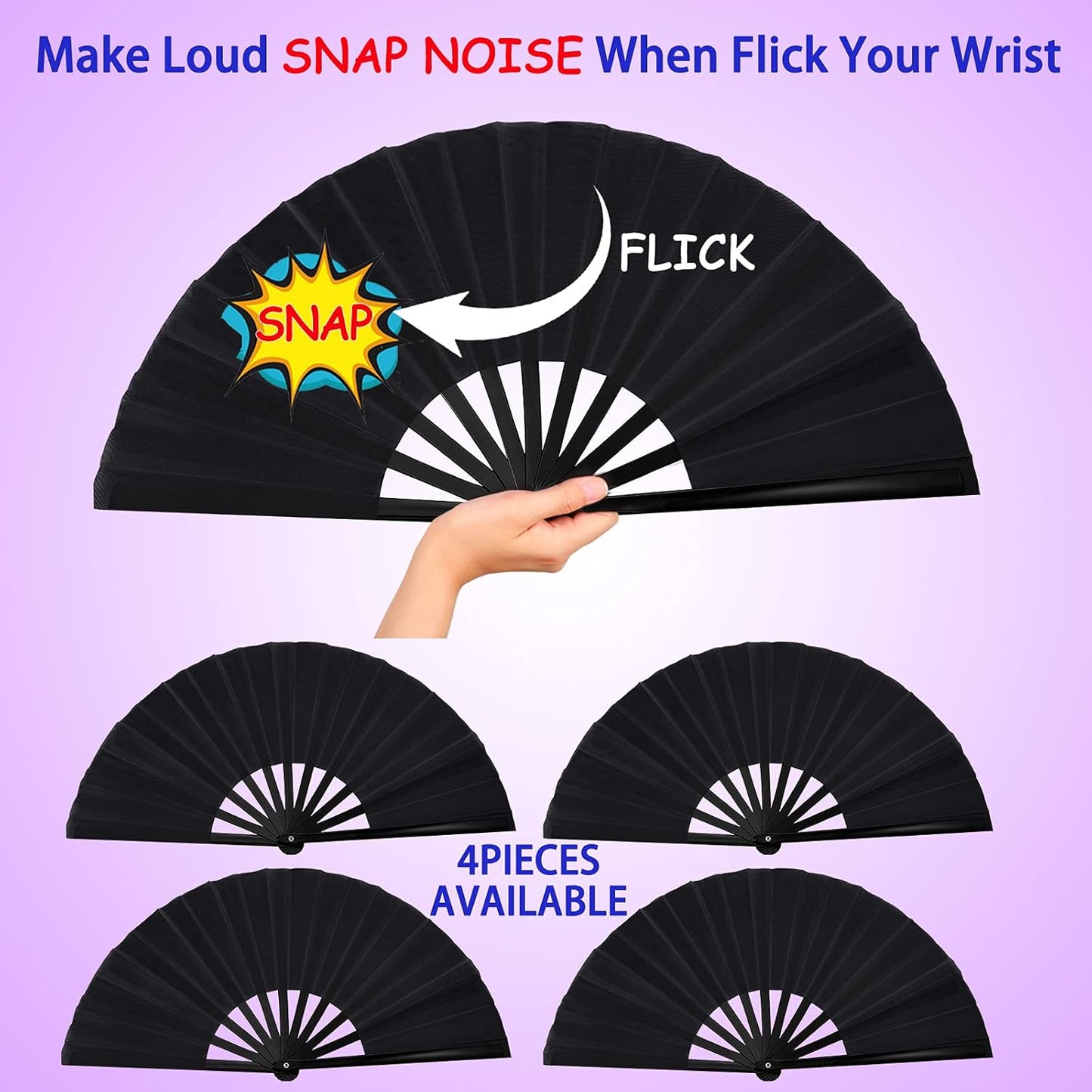 Blulu 4 Pcs 13 Inch Large Folding Hand Fans for Line Dancing Big Clapping Popping Raves Fans Bulk for Dancing Boots on The Ground Festival Party Decoration(Classic Style, Black)