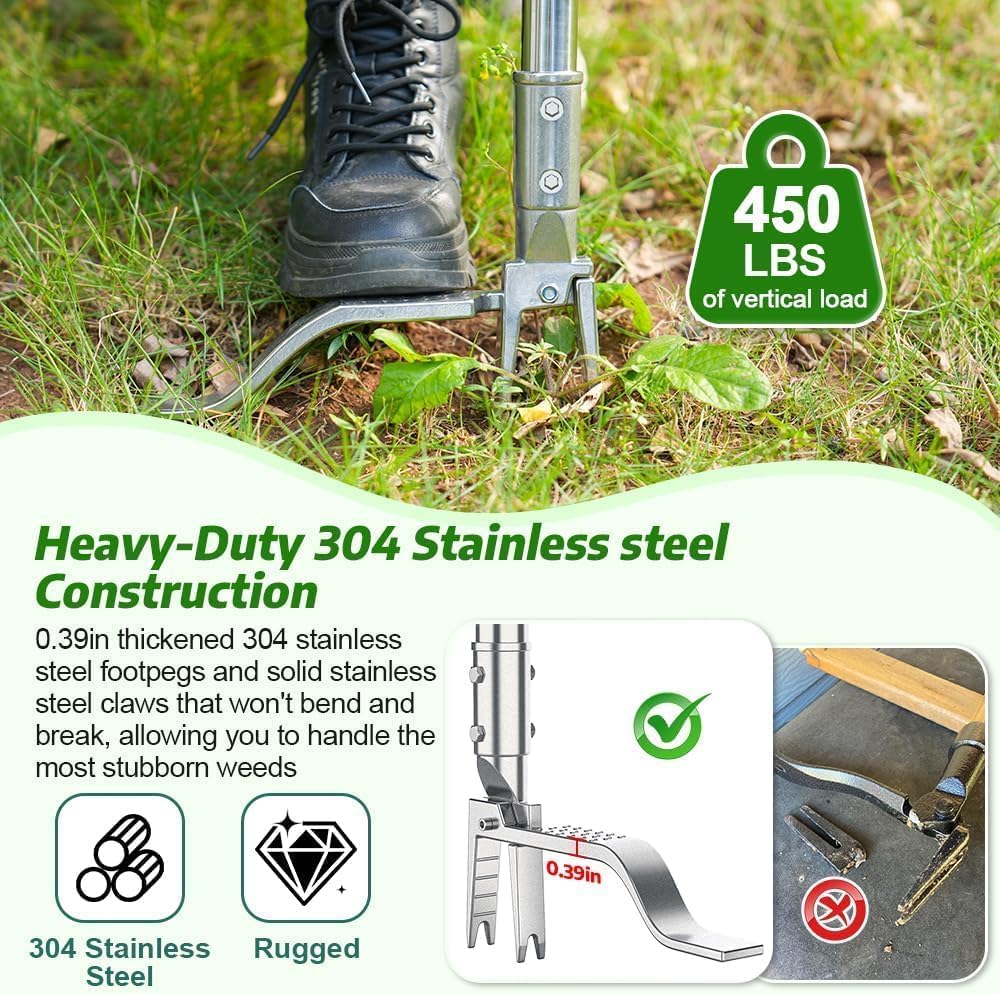 Stainless Steel Stand Up Weed Puller Tool with Long Handle, Thickened 304 Stainless Steel Foot Pedals & 2-Claw Head, Weeding Weed Remove Tool for Lawn/Yard