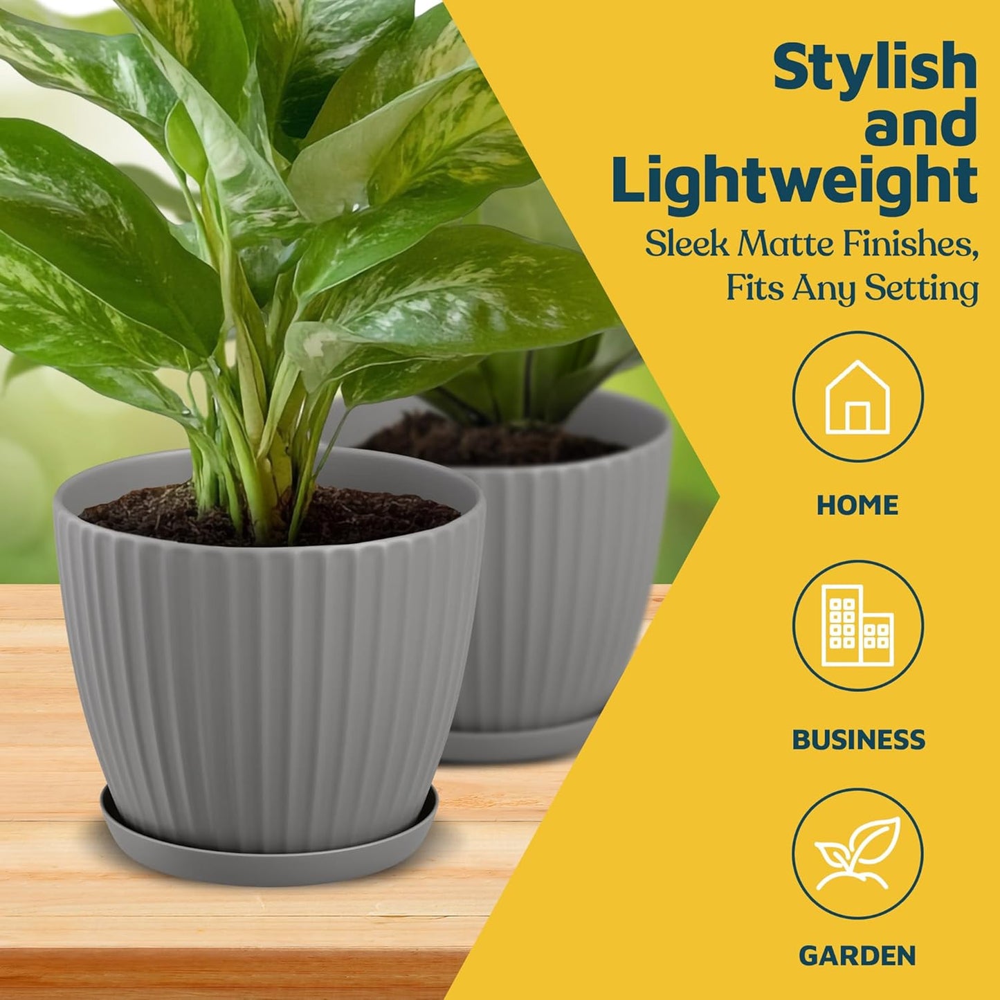 Gray 6-Inch Plant Pots with Drainage & Saucers 24 Pack, Indoor & Outdoor Planters for Houseplants, Herbs, and Flowers, Durable & Weatherproof Material, Stackable, Lightweight, Minimalist Design