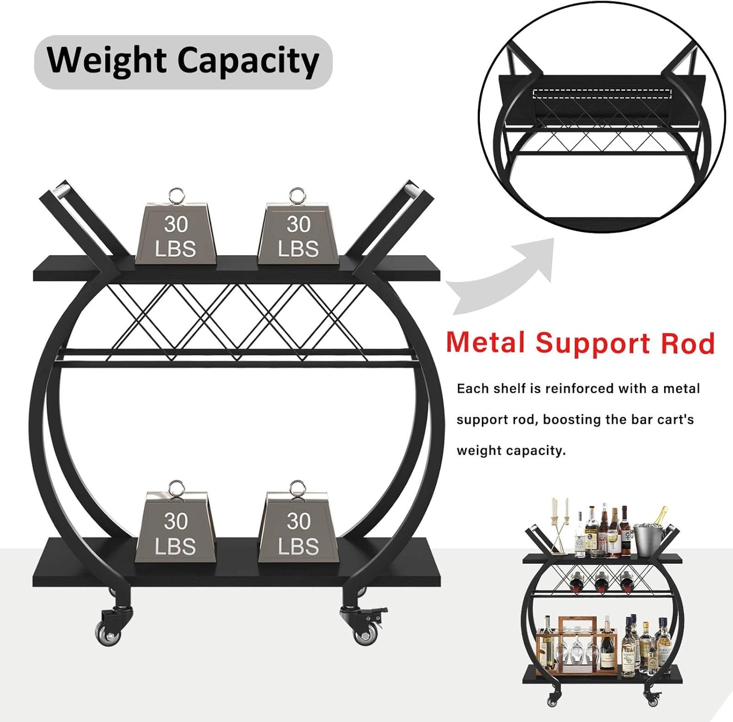 LVB Black Wine Cart with Wheels, Modern Bar Cart with Wine Rack, Industrial Beverage Rolling Kitchen Serving Cart with Storage, Metal Wooden Microwave Drink Liquor Cart for Home Dining Room, Black Oak