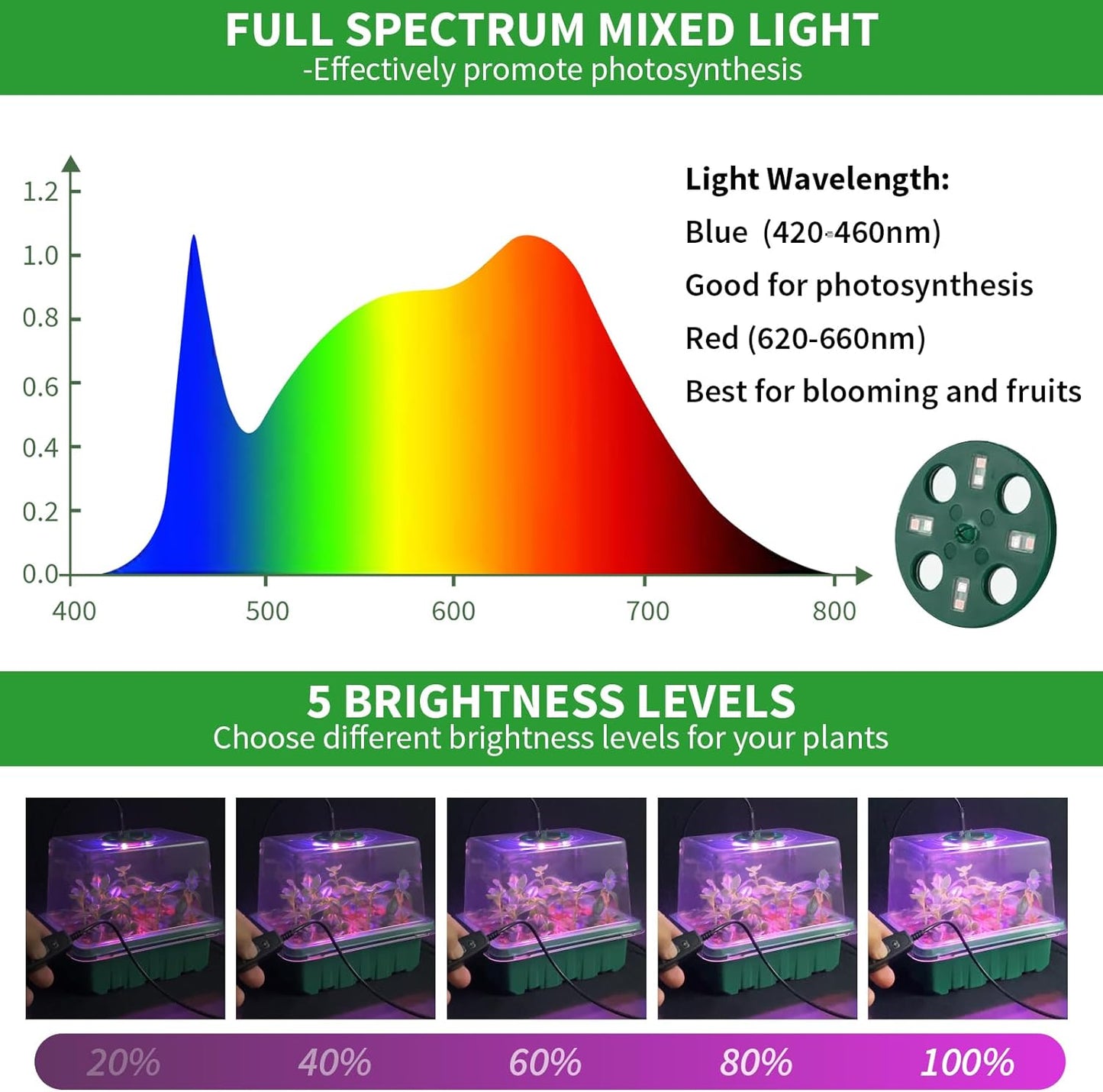 Seed Starter Tray with Plant Light, 4 Pack Grow Lights for Seed Starting Kit with Humidity Domes, Timing Controller Adjustable Brightness for Greenhouse Propagator Station Planting Growing