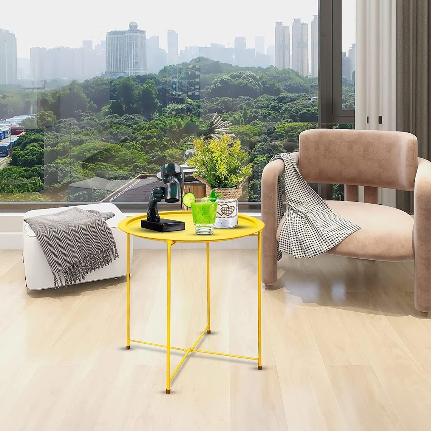 Garden 4 you Small Side Table, Round End Table, Outdoor Side Table with Metal Frame, Bedside Table for Living Room, Bedroom, Patio, Small Space, Yellow