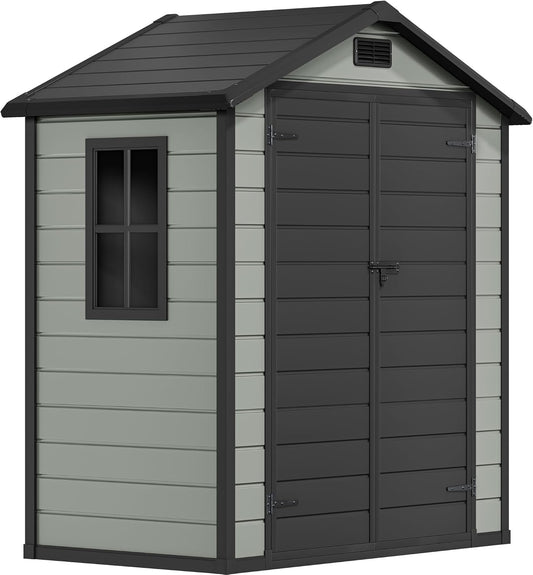 DWVO 6x4 FT Outdoor Resin Storage Shed with Floor, Waterproof Storage Shed with Lockable Door, Window and Vent, Plastic Tool Storage for Garden, Backyard, Patio, Lawn(Blue-Gray+Black)