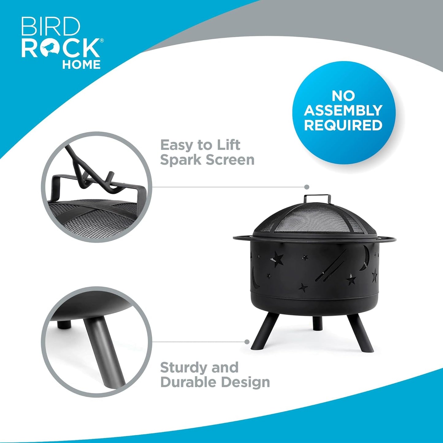 BIRDROCK HOME 30″ Round Wood-Burning Fire Pit – Portable Outdoor Patio & Garden Fire Bowl with Stars & Moon Cut-Outs, Spark Screen, Built-in Grate, 4 Roasting Sticks & Fire Poker - Black