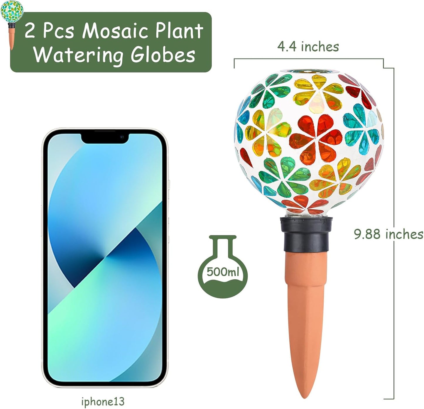 Plant Watering Globes Mosaic Self Watering Stakes 2 Pack Large Self Watering Planter Insert Automatic Watering Device Outdoor Indoor Decoration