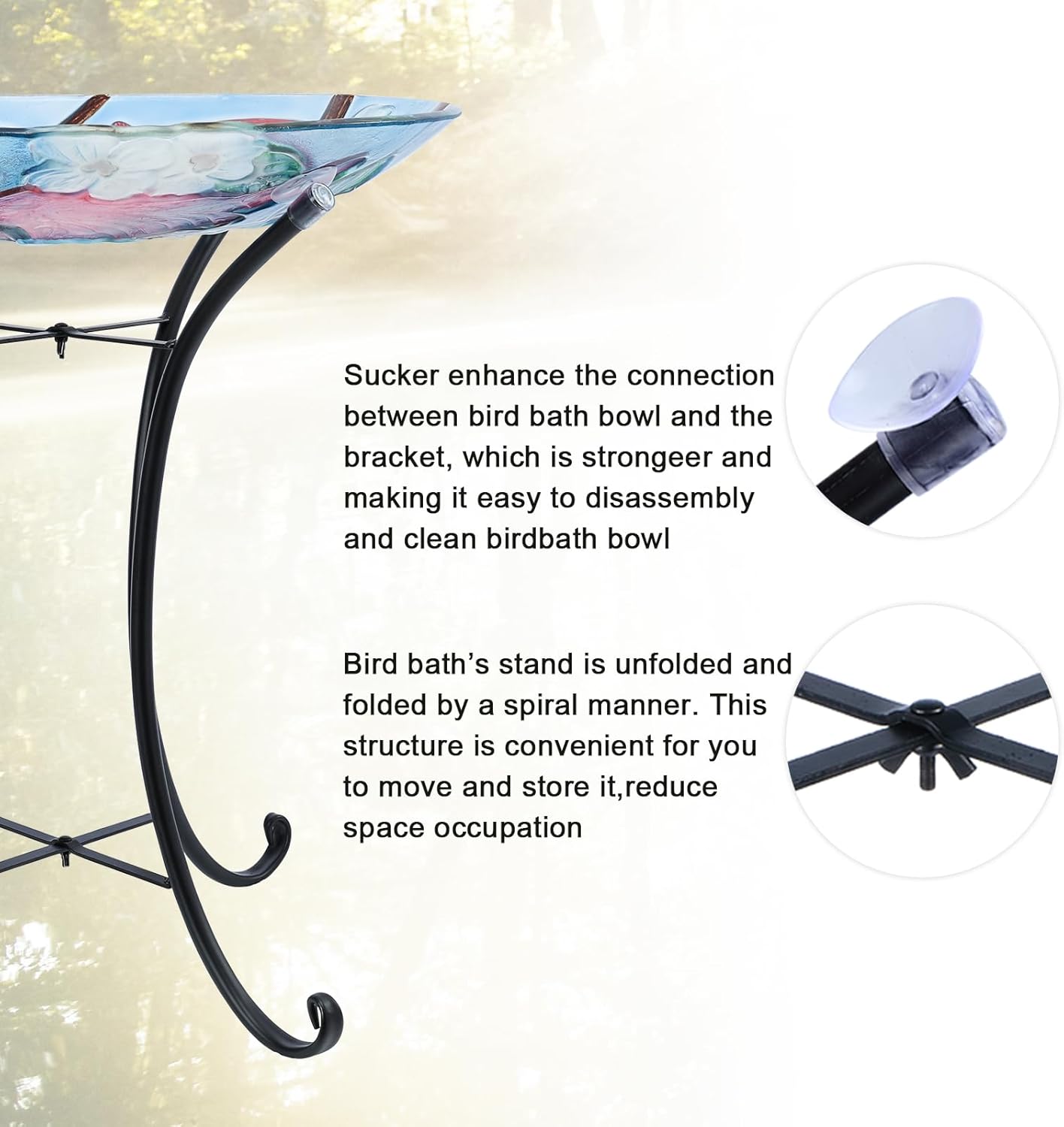 MUMTOP Outdoor Glass Birdbath with Metal Stand for Outside Yard Garden Decor, 18 inch Diameter Red Caridnals Bird Baths Bowl for Outdoors, 21.65 inch Height