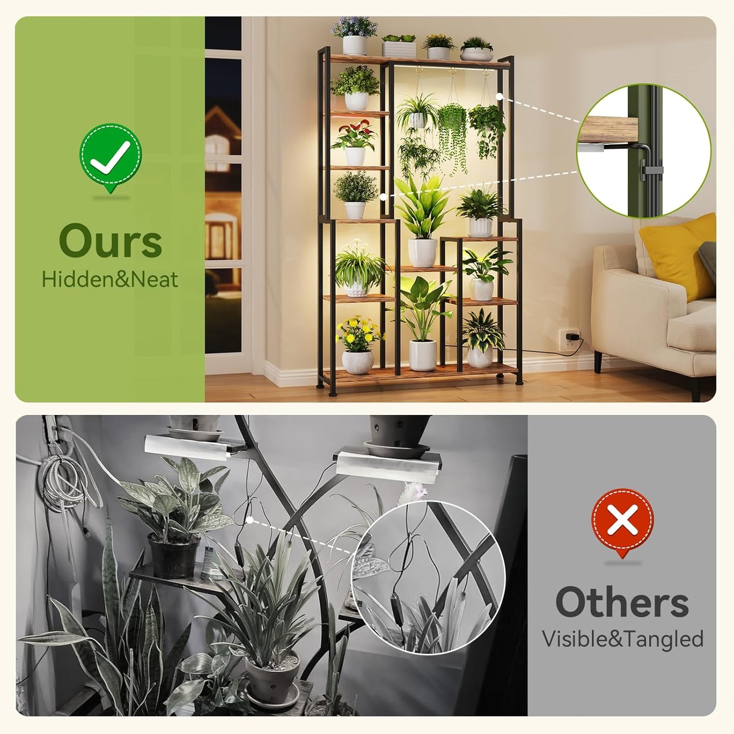 C2 Plant Stand Indoor with Grow Lights, Indoor Tiered Metal Plant Stand 70.87" Tall Plant Shelf with Hooks for Hanging, Plant Holder Display Shelves for Patio, Garden, Outdoor