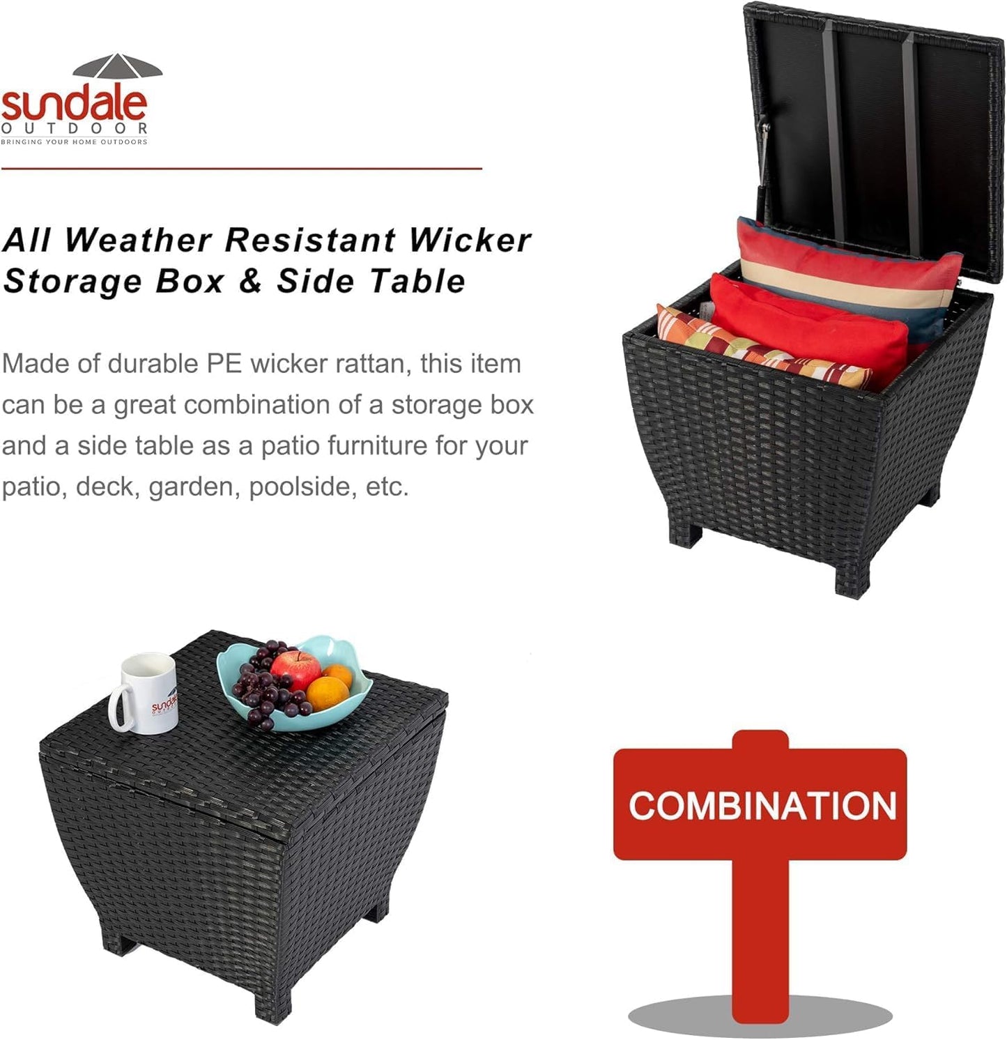 Sundale Outdoor Small Deck Storage Box with Lid, 13 Gallon Small Outdoor Bin Storage Container for Hose Cushions Towels, Patio Black Side Wicker Table with Storage-Steel, Rattan, Square