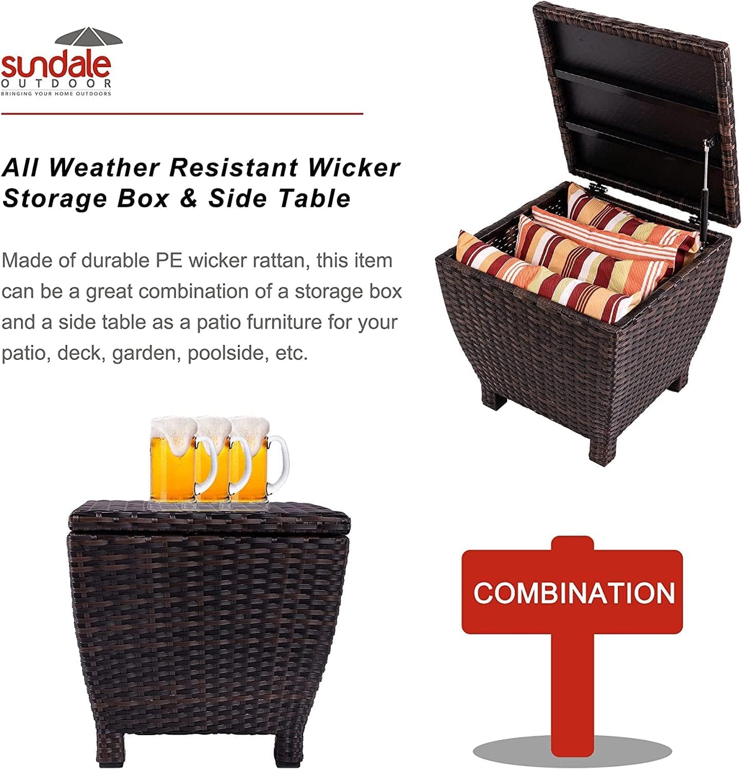 Sundale Outdoor Small Deck Storage Box with Lid, 13 Gallon Outdoor Bin Storage Container for Hose Cushion Towel, Patio Fully Assembled Brown Wicker Side Table with Storage - Rattan