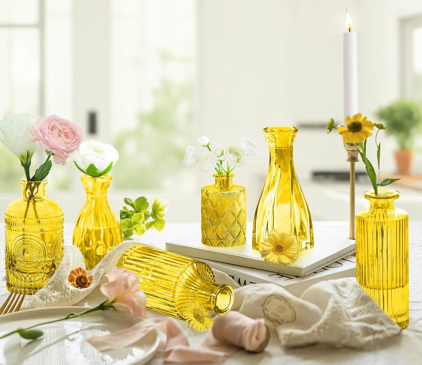 Light Yellow Glass Bud Vases Set, 24 Pcs Vintage Small Vases for Flowers, Crystal Mini Glasses in Bulk, Small Flower Design for Centerpieces Wedding Decorations Home Flower Party Decor