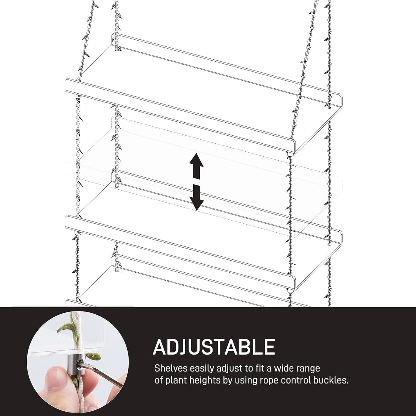 Sumerflos Acrylic Window Boxes Plant Shelves 3 Tier - Clear Hanging Shelf Indoor Jute Twine Adjustable Plant Holder for Window Wall Living Room Balcony Natural