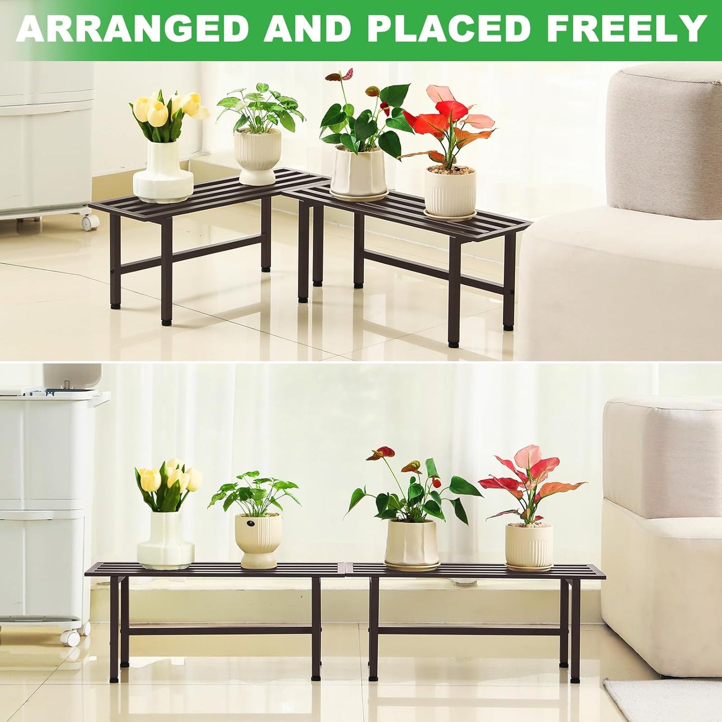 2 Pack Metal Plant Stand Outdoor Plant Shelf Indoor,1 Tier Heavy Duty Plant Stands for Multiple Plants,26" L x 10.12" H x 8.75" W,Coffee
