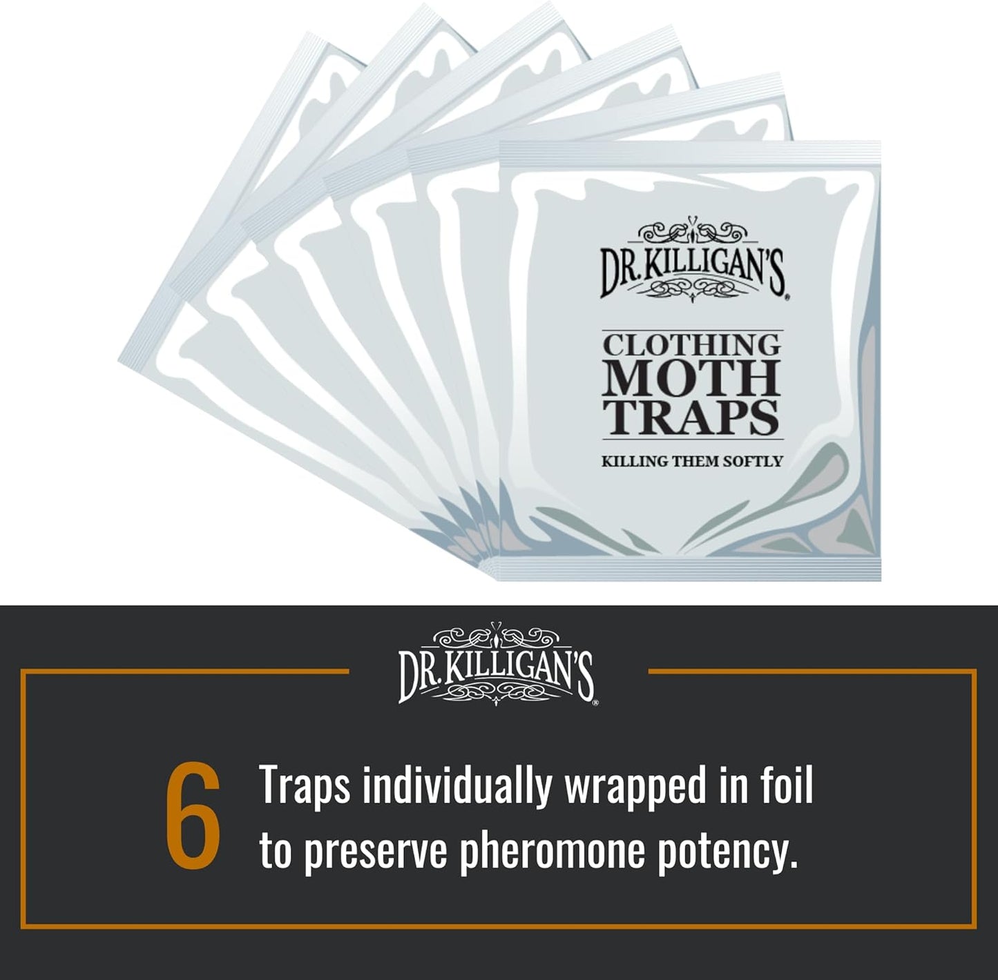 Dr. Killigan's Premium Double Potent Clothing Moth Traps with Pheromones Prime, Organic Clothes Moth Trap with Lure for Closets & Carpet, Case Making & Web Spinning (6 Pack, Black)