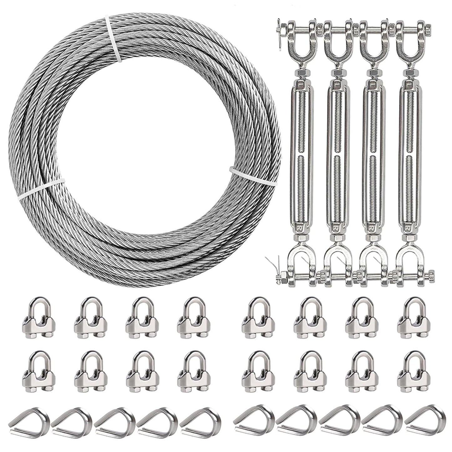 1/4" Wire Rope Kit, 100ft Stainless Steel Cable with 4Pcs 1/4 Turnbuckle, Clamp & Thimble, 7x19 Strands Heavy Duty Metal Cable,1400 lbs Load Limit, Turnbuckles for Cables Wire, Zipline