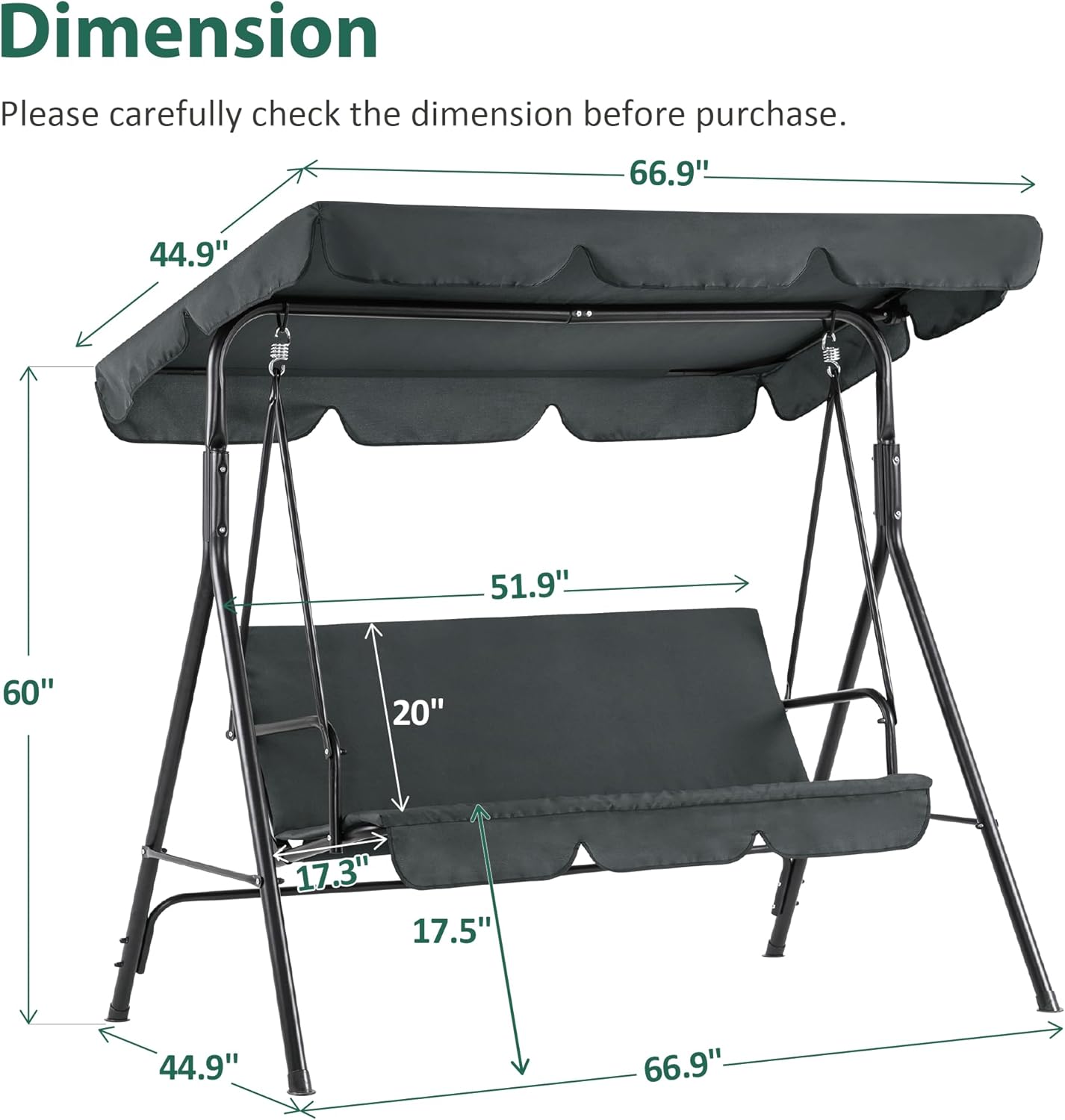 MCombo 2-3 Person Outdoor Patio Swing Chair, Convertible Canopy Hanging Swing Glider Lounge Chair, Removable Cushions, 4003 (Dark Gray)