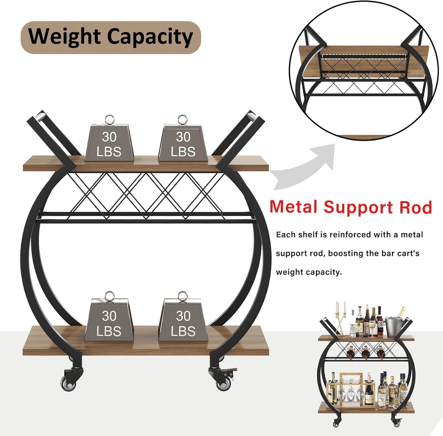 LVB Bar Cart with Wine Rack, 2 Tier Kitchen Cart on Wheels, Modern Wood and Metal Portable Coffee Cart Table for Home, Utility Industrial Mobile Serving Cart with Storage Shelf, Rustic Oak