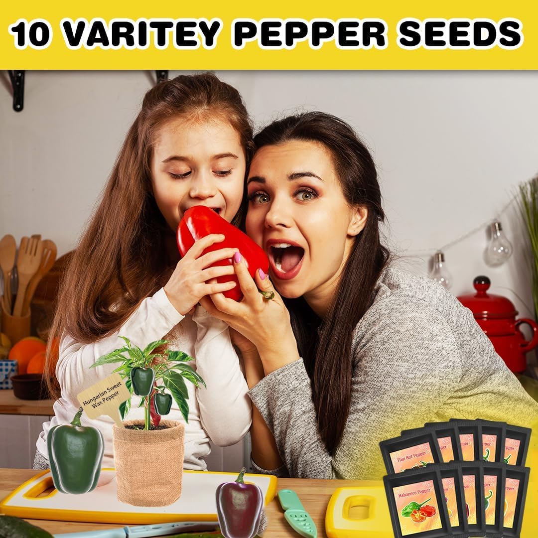 10 Pepper Seeds Window Garden Kit - Hot & Sweet Peppers Seeds for Indoor & Outdoor Planting, Gardening Gift for Kids, Moms, Women, Beginners, Complete Starter Kit Vegetable Garden Starter