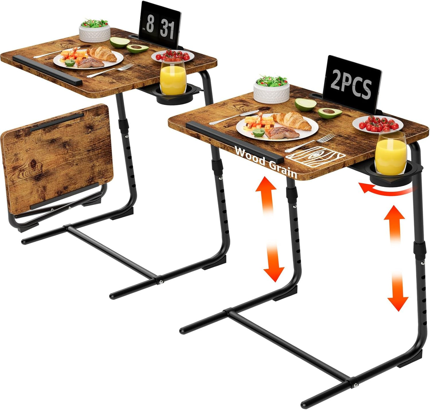 TV Trays Set of 2 - Folding TV Tray Adjustable Dinner Trays for Eating On Couch Wooden Tables Mate Stand Foldable Rustic Desk with Cup Holder Portable