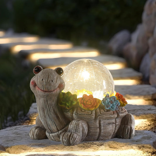 Solar Turtle Garden Statue Lights for Outdoor Decor with Cracked Glass LED Figurine Lighting Resin Succulent Tortoise Decorations Patio Lawn Yard Housewarming Mom Gifts (Grey, Large)