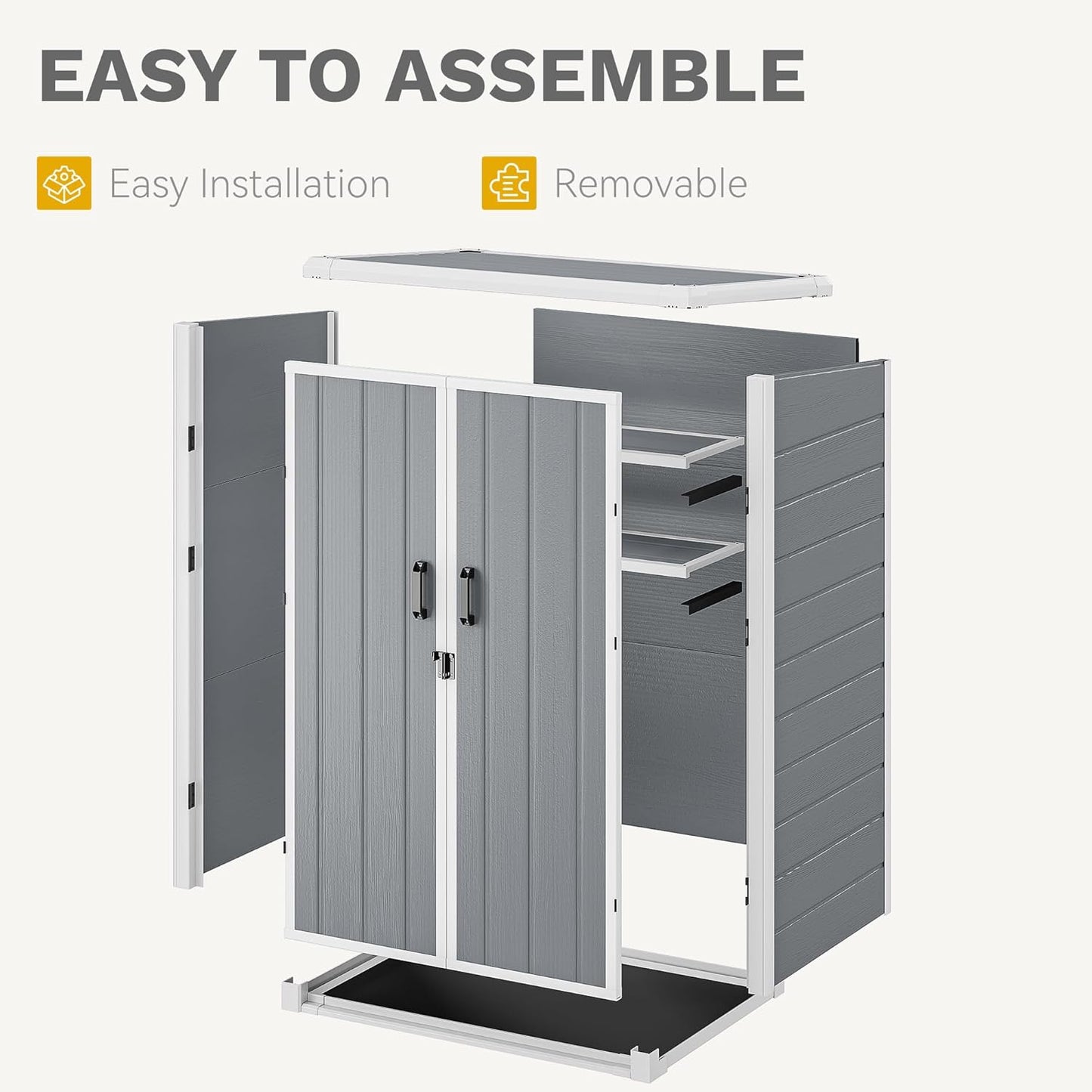 DWVO Outdoor Vertical Storage Shed with 2 Shelves, 60 Cu Ft Waterproof Resin Garden Shed with Floor & Lockable Door, Plastic Tall Tool Cabinet for Garbage Cans, Lawn Equipment, Garden Supplies (Gray)