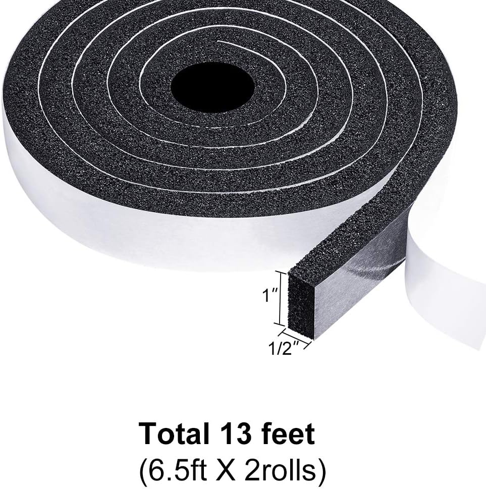 TORRAMI Maximum Compression Foam Weather Stripping 1 inch W X 1/2 inch T, Seal StripTape for Soundproofing Insulation Total 13 feet (2 Rolls of 6.5 Ft Each)