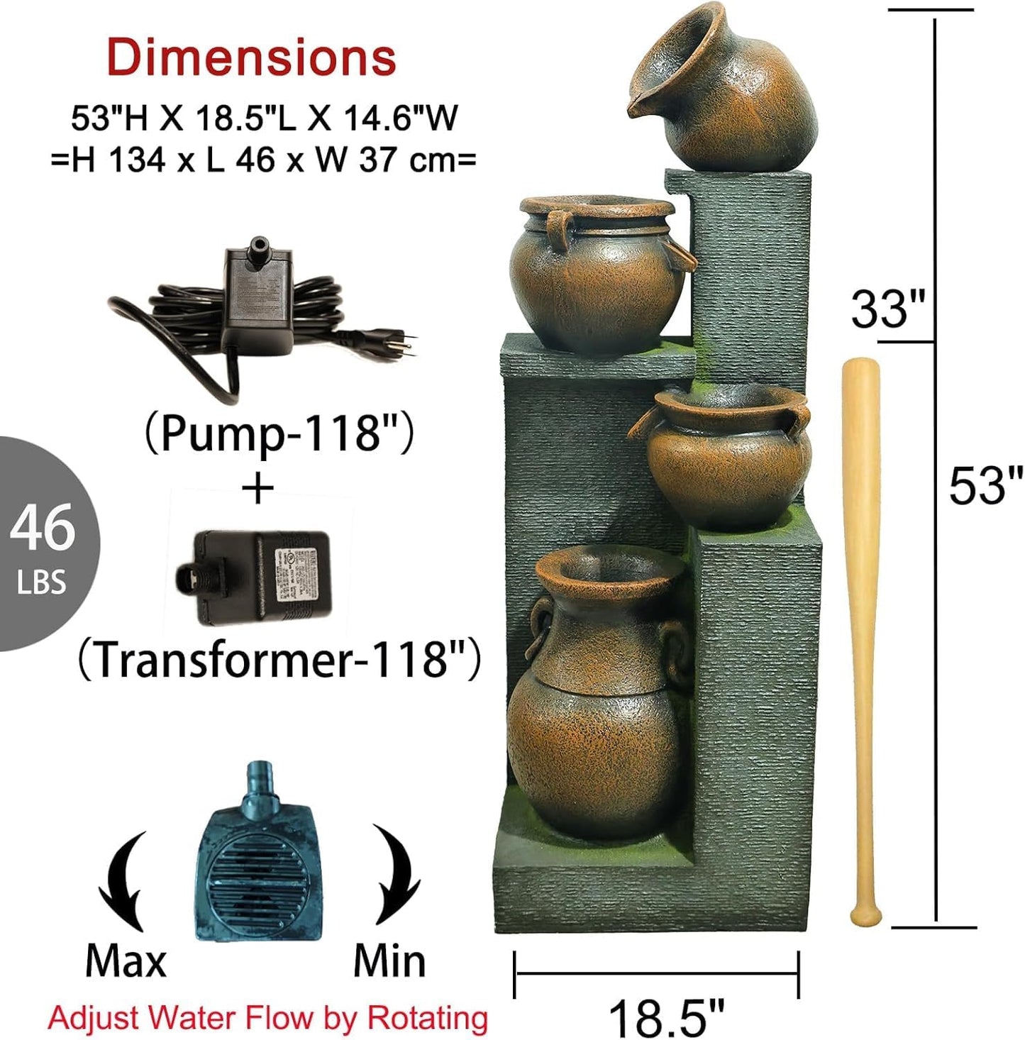 53" H Large Outdoor Water Fountain with Lights - 4 Tiered Cascading Bowls Waterfall Fountain for Garden, Patio, Backyard, Porch Inside - Freestanding Outdoor Water Feature Gold
