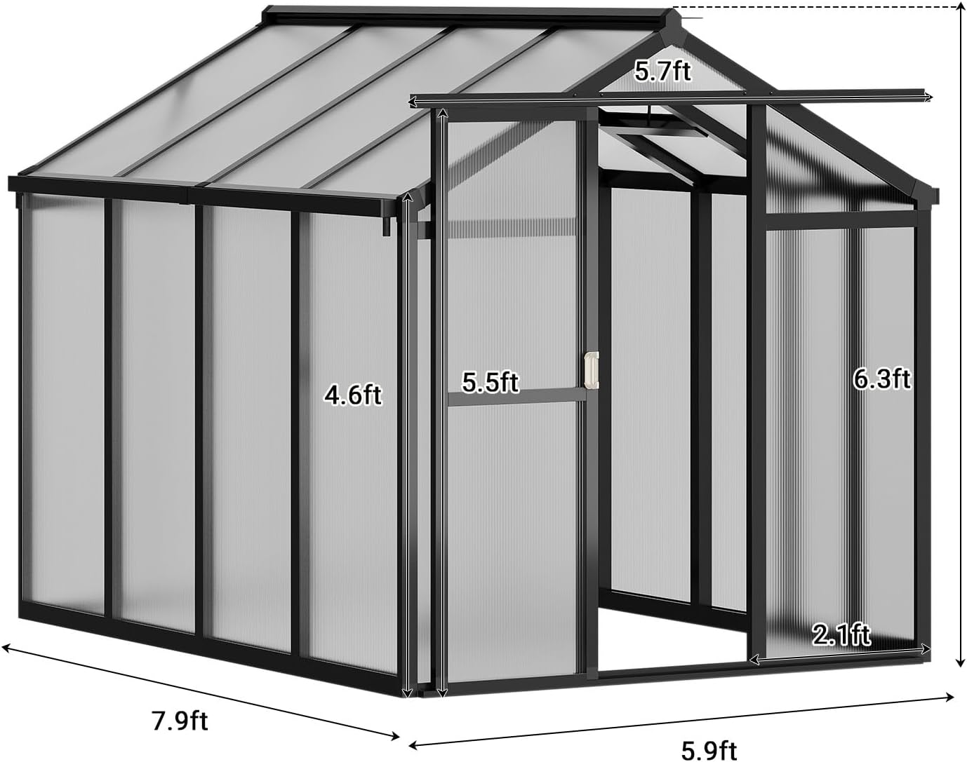 6x8 FT Greenhouse, Easy Assembly Aluminum Polycarbonate Greenhouses for Outdoors with Roof Vent and Ground Nails, Heavy Duty Aluminum Walk-in Greenhouse for Backyard, Sliding Lockable Door, Black