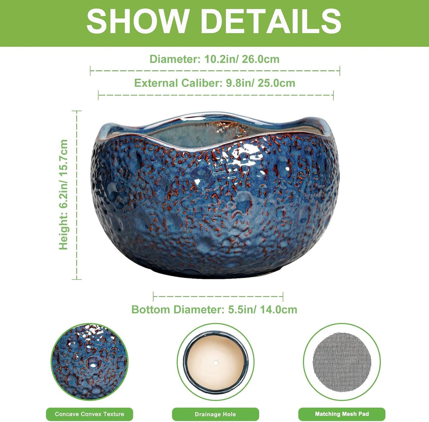 10 Inch Plant Pot - Ceramic Planter for Indoor Outdoor, Round Bonsai Pots, Decorative Flower Pots with Drainage Hole, Modern Unique Planters, House Decor, Home Gifts, Retro Blue