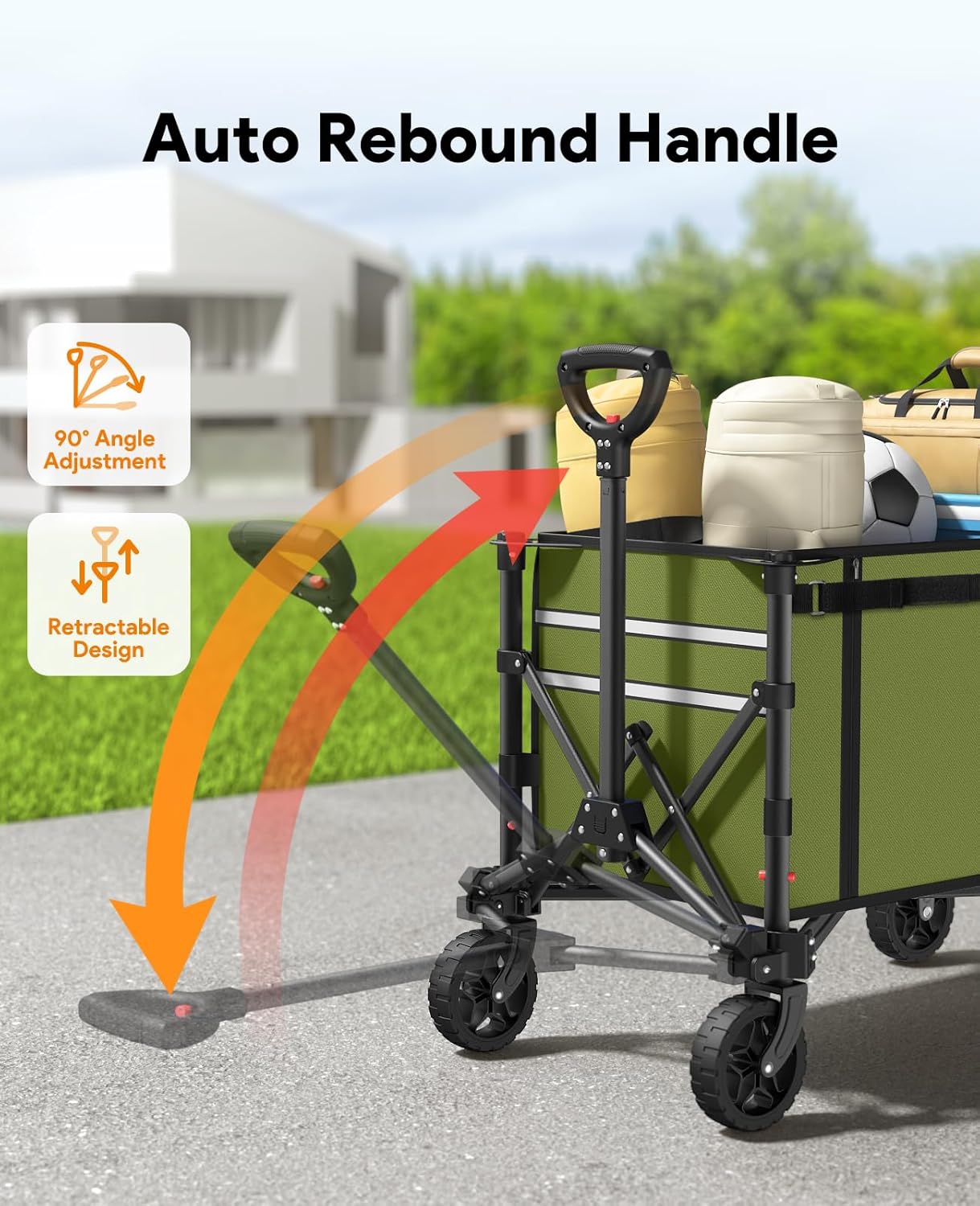 Collapsible Wagon Cart with Wheels 220lbs Foldable Wagon 120L Shopping Cart for Groceries Folding Utility Wagon for Beach, Garden, Camping, Sport, Wheelbarrows, Green