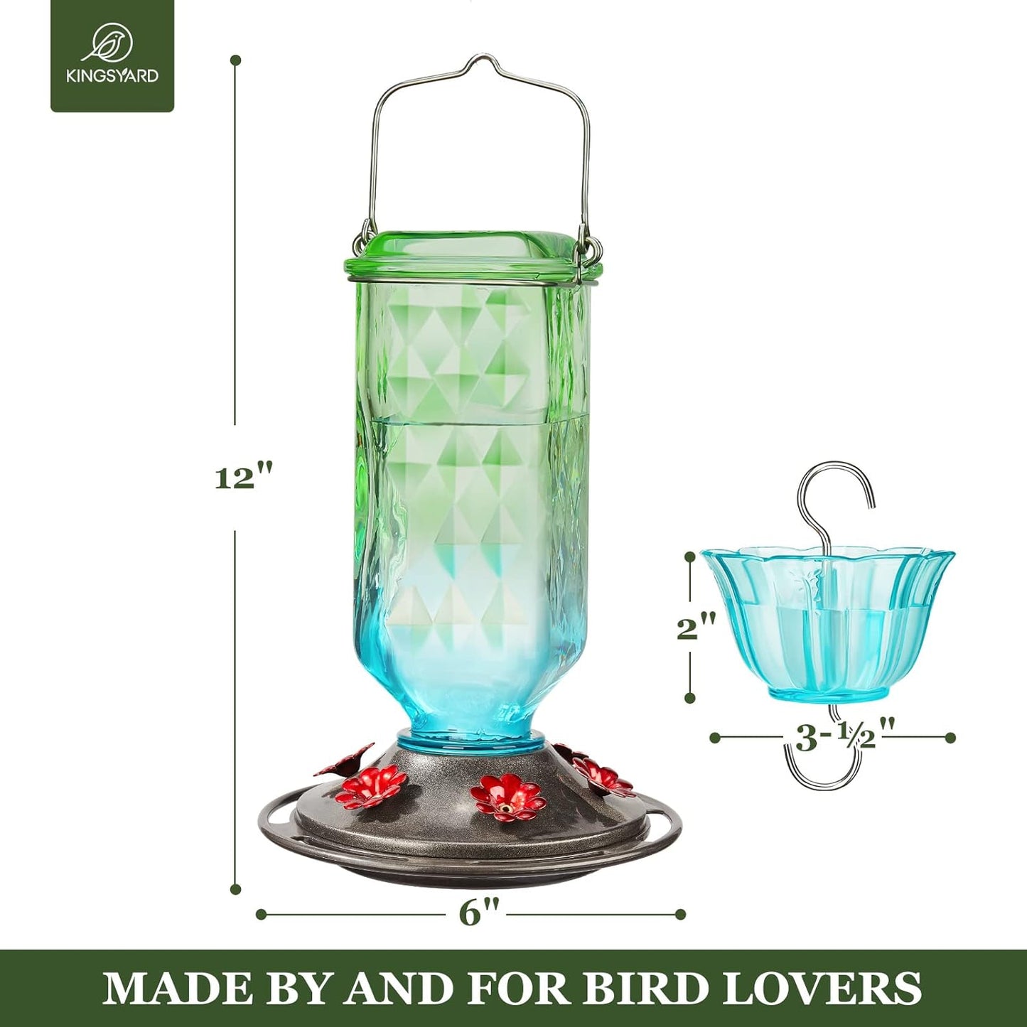 Kingsyard 2 Pack Glass Hummingbird Feeder for Outdoor Hanging, 24 Ounces, 6 Feeding Ports, Bird Nectar Feeder for Garden Décor, Ant Moat Included, Green & Blue