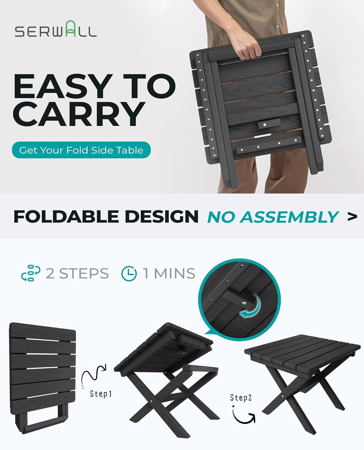 SERWALL Folding Outdoor Side Table, HDPE Adirondack Side Table, Portable Outdoor End Table, Black